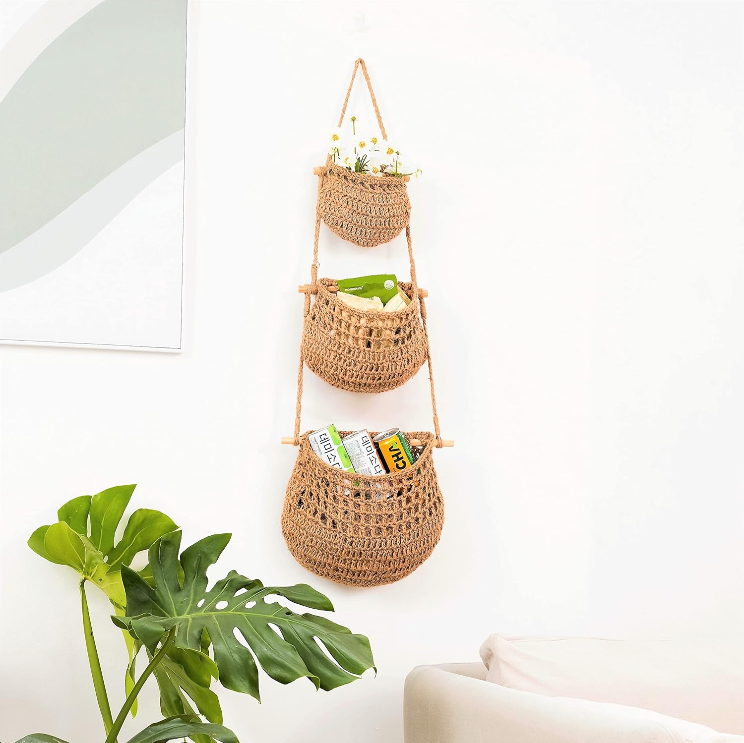 Cesta colgante de frutas, cesta colgante de pared de yute tejida de 3 niveles para organizar, cesta colgante de productos para almacenamiento de