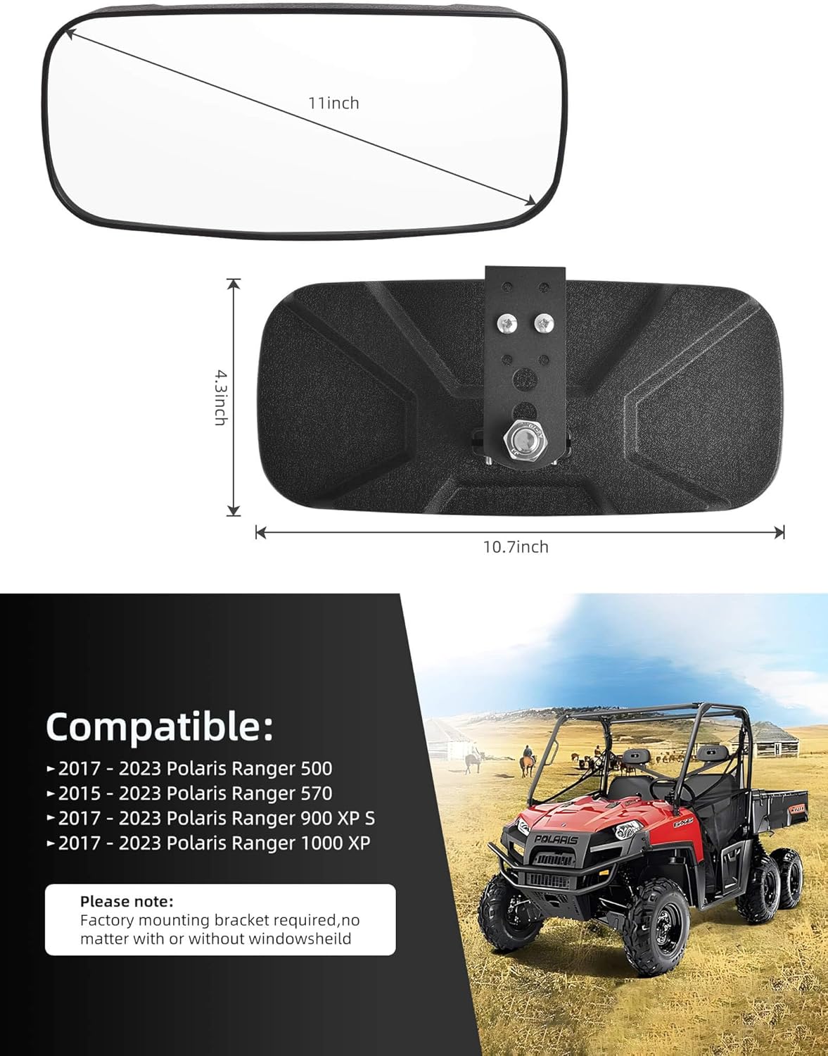 Espejo retrovisor Polaris Ranger, espejo retrovisor central ZIDIYORUO HD para Polaris Ranger 500 570 900 XP 1000XP Crew 2017-2023 en la pestaña de