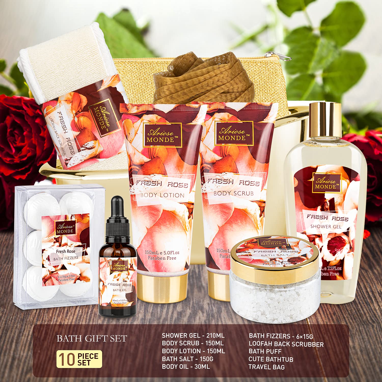 Juego de regalo para baño y cuerpo para mujeres y hombres, 10 cestas de regalo de spa con aroma a rosa fresca, incluye gel de ducha, baño de