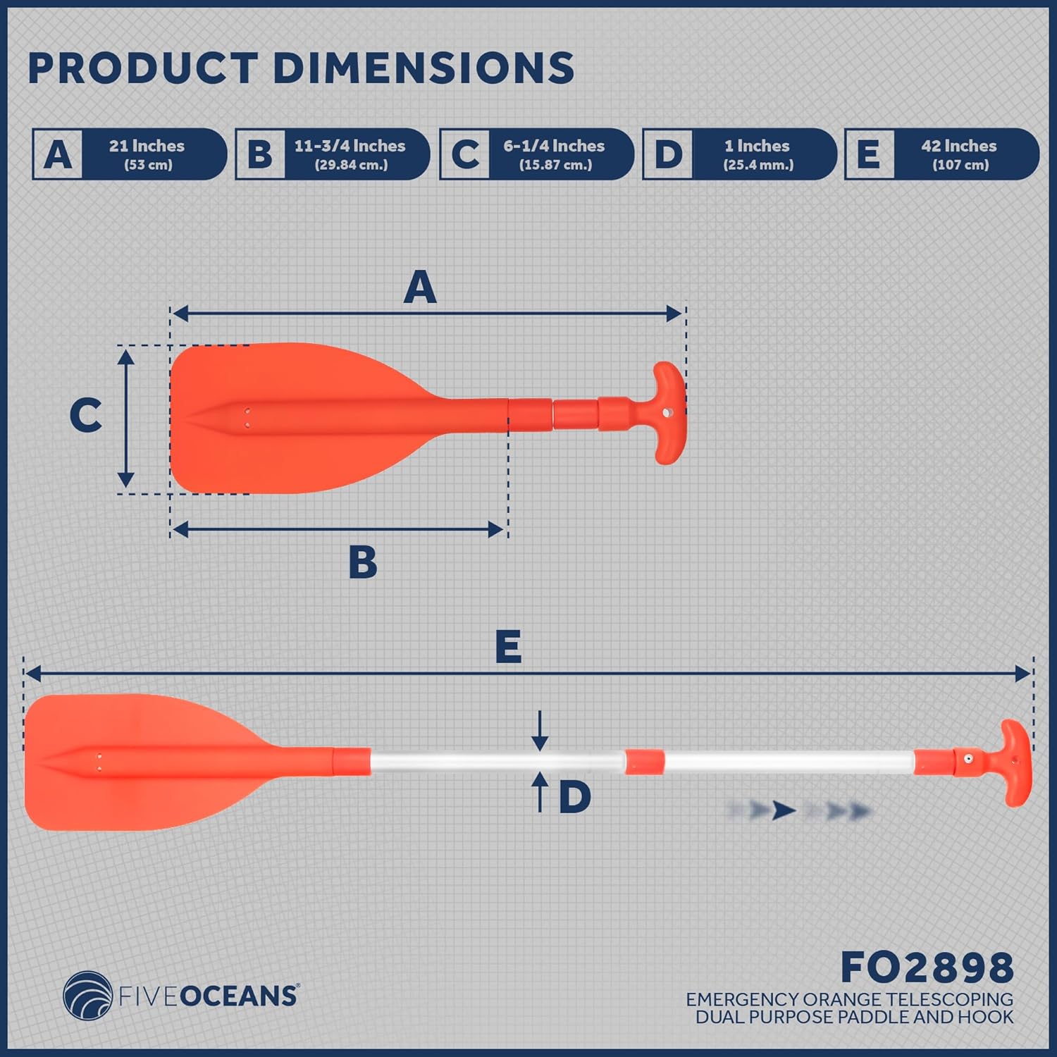 Five Oceans Paleta telescópica de emergencia, paletas de barco, paleta naranja flotante, se extiende de 21 a 42 pulgadas, diseño compacto para un