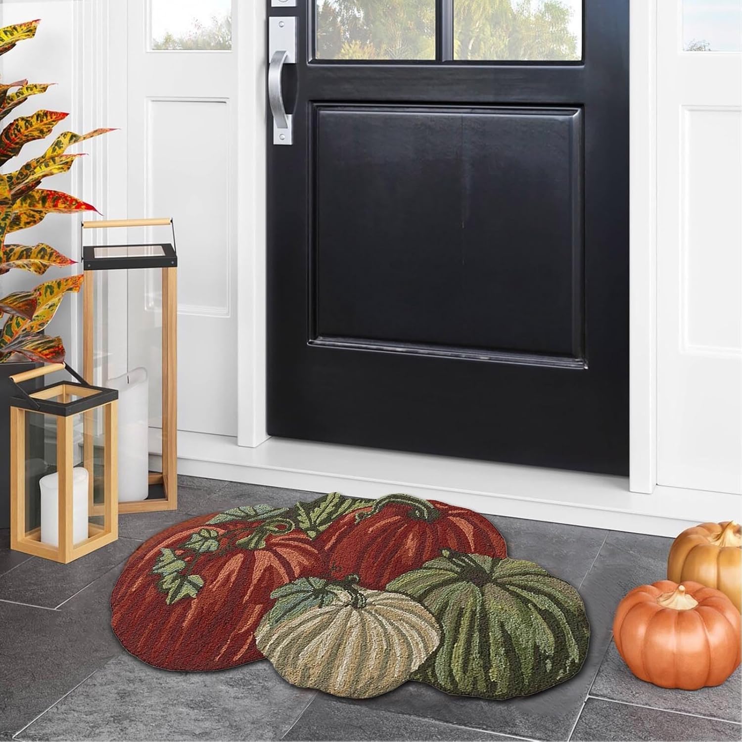 FRJINIE Alfombra de calabaza de otoño, 31 x 22 pulgadas, antideslizante, lavable, tapete de bienvenida, bonito tapete de Halloween, Acción de