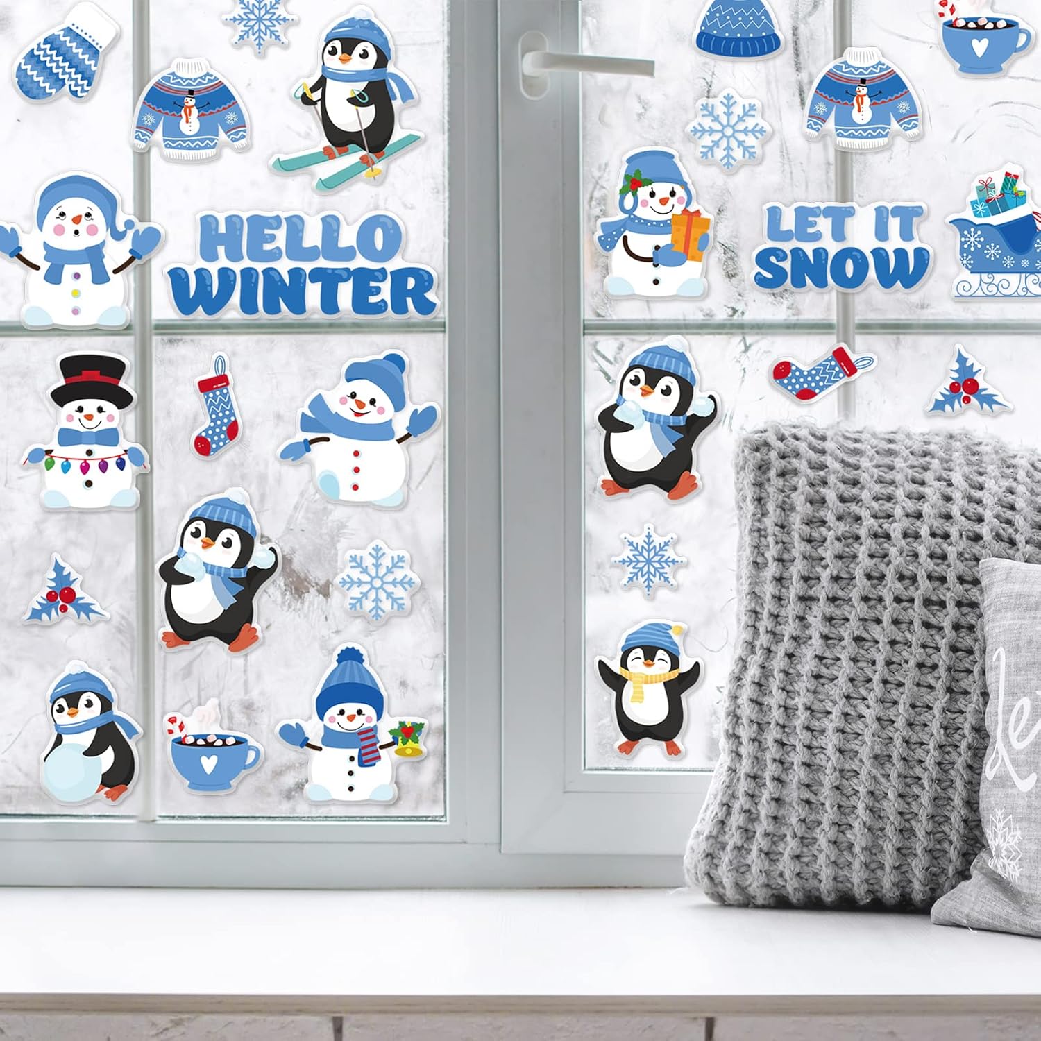 Whaline 2 hojas de calcomanías de gel gruesas de invierno, muñeco de nieve, pingüino, copo de nieve, ventana, reutilizables, lindos hola invierno,