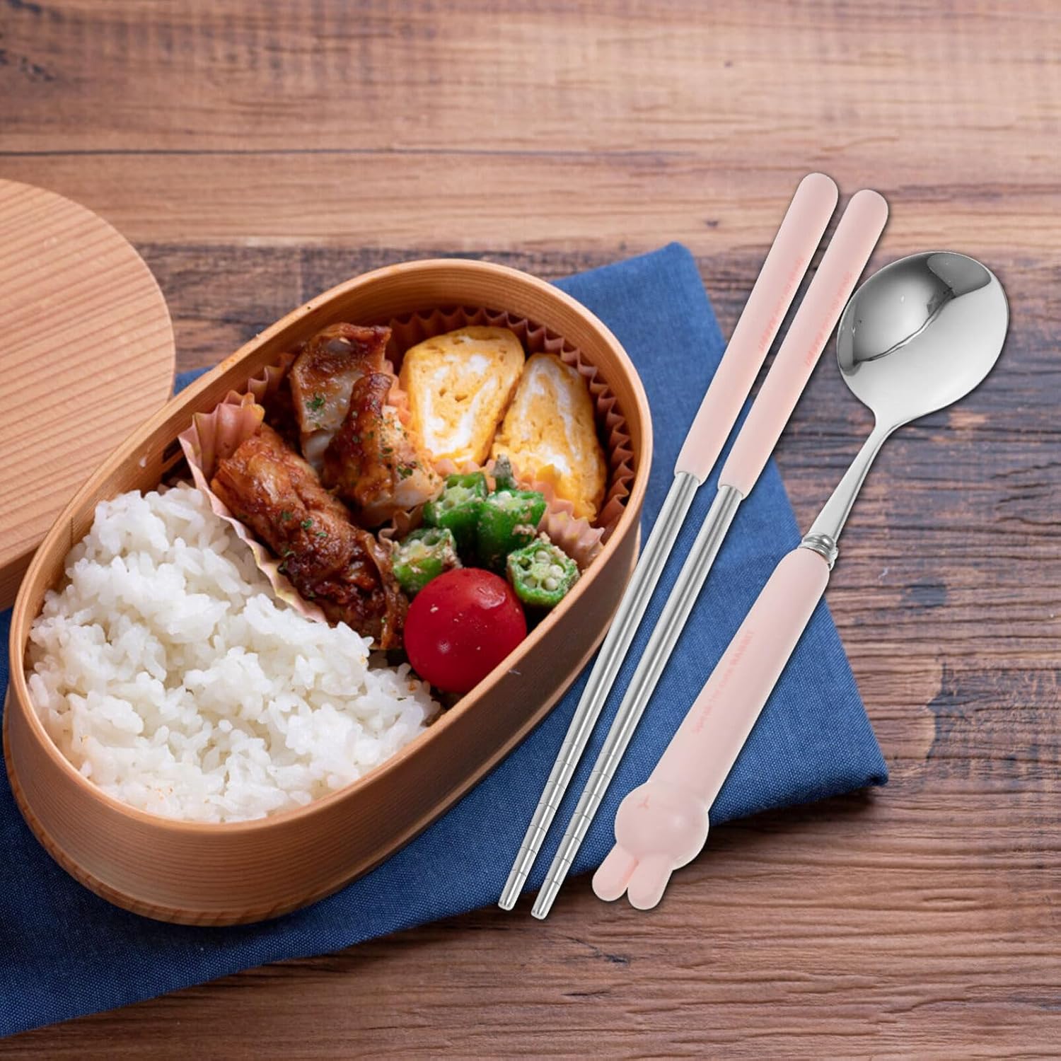 Utensilios de viaje con estuche, utensilios portátiles con forma de conejo, palillos, tenedor, cuchara, juego para viajes, picnic, cubiertos