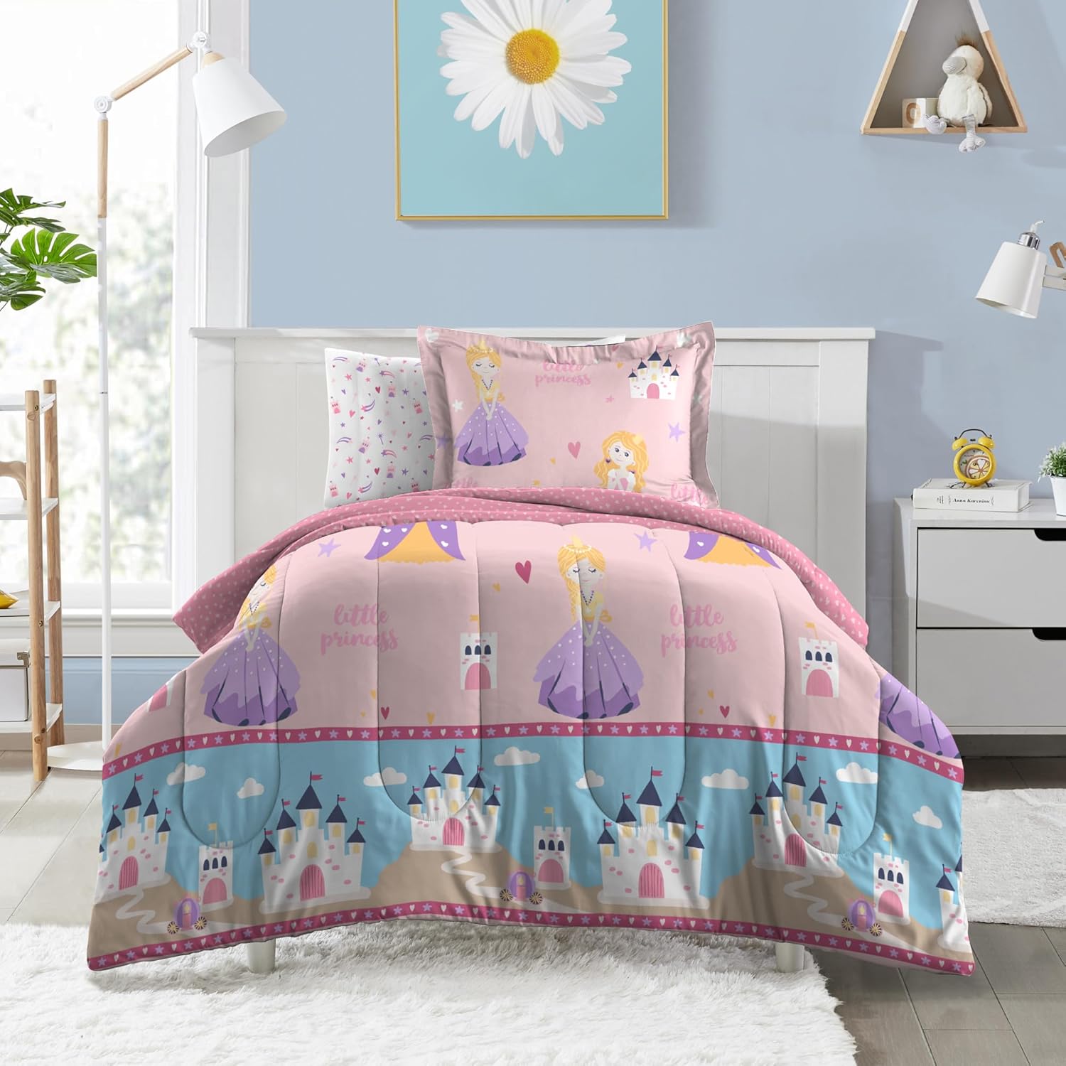 Dream Factory Juego de cama completo de 7 piezas para niños, de microfibra súper suave, fácil de lavar, tamaño matrimonial, princesa rosa