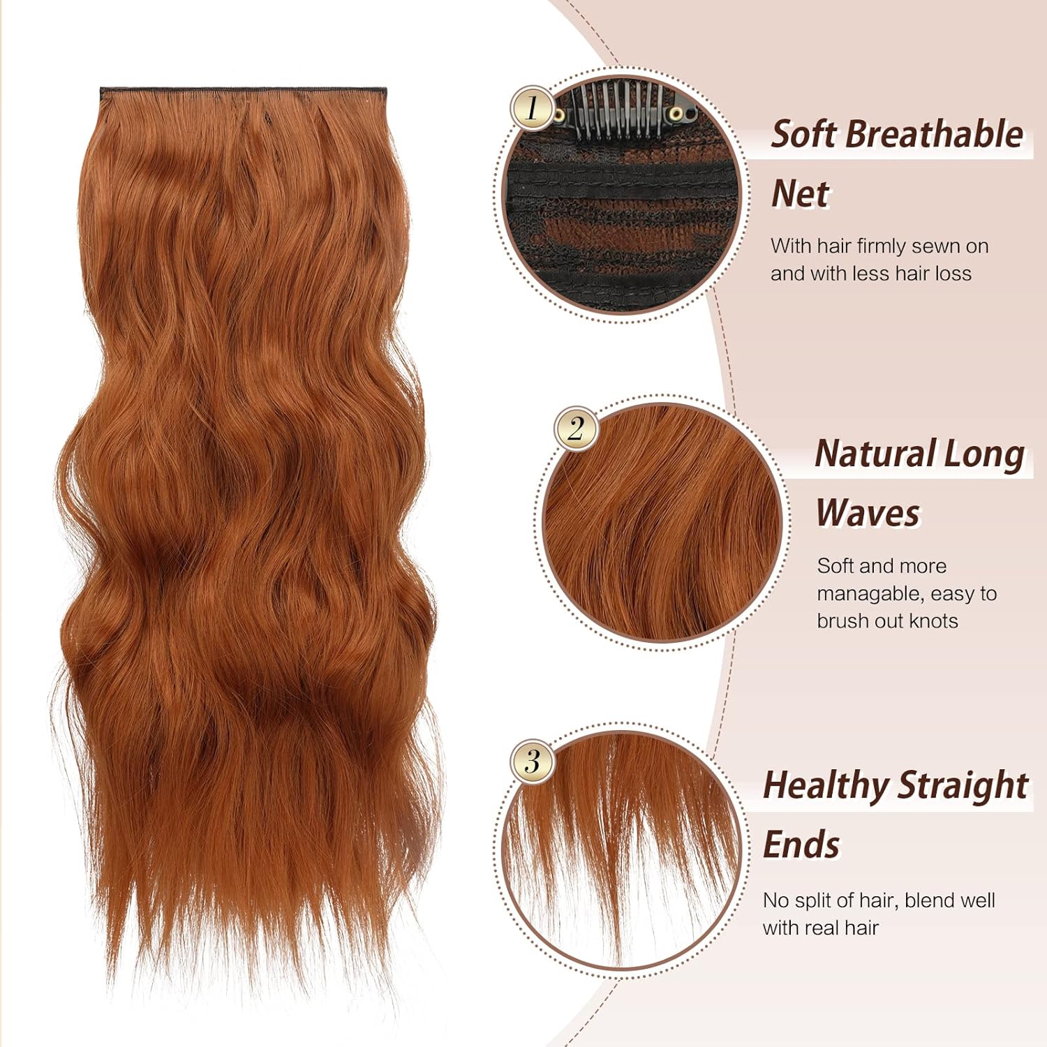 FESHFEN Extensiones de cabello con clip, 4 piezas de extensiones de cabello sintético largo ondulado con clip, extensiones de cabello sintético de