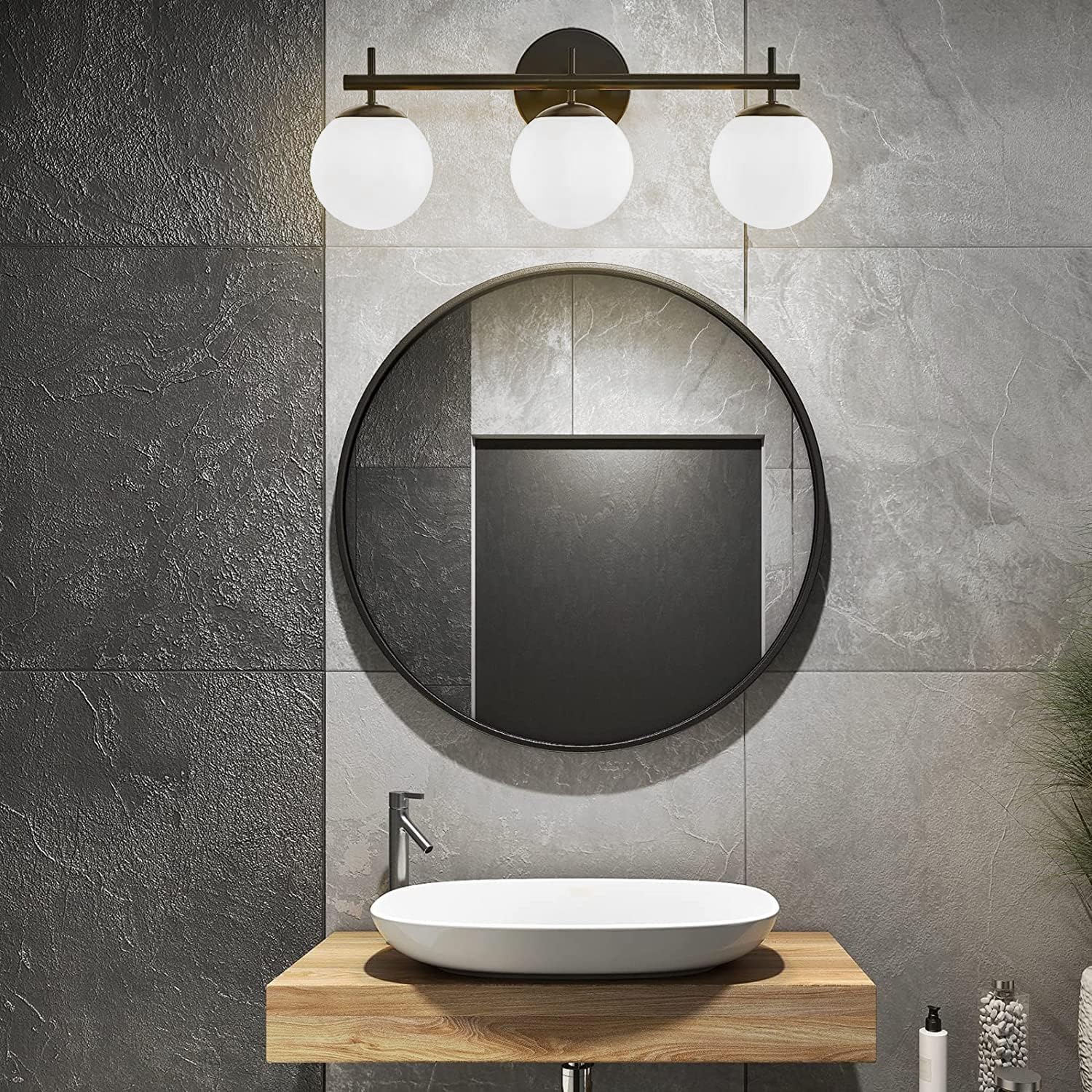 Lámparas negras para tocador de baño, modernas luces de tocador de mediados de siglo con pantalla de vidrio esmerilado blanco lechoso, 3 lámparas de