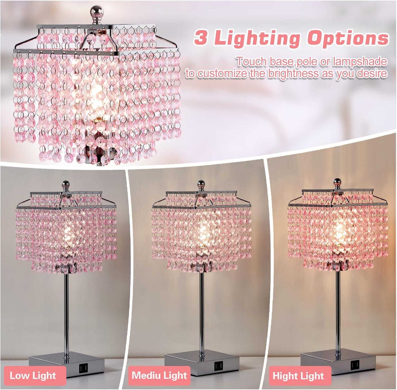 Luvkczc Lámpara de mesa de cristal rosa con control táctil, lámpara regulable de 3 vías con pantalla de cristal para dormitorio de niña, sala de