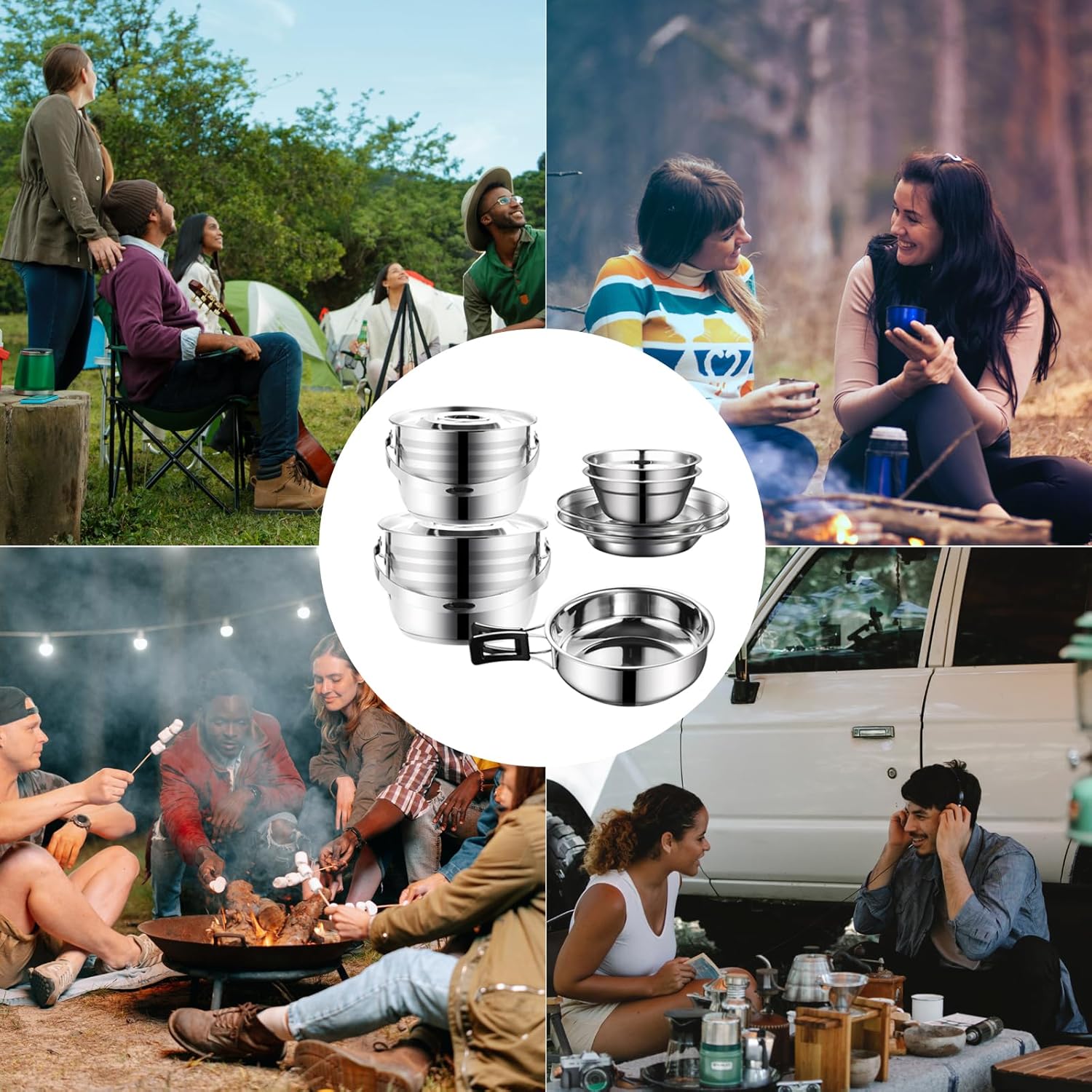 Juego de utensilios de cocina para acampar, juego de cocina de acero inoxidable 304, juego de ollas y sartenes para acampar con soplos, tazas,