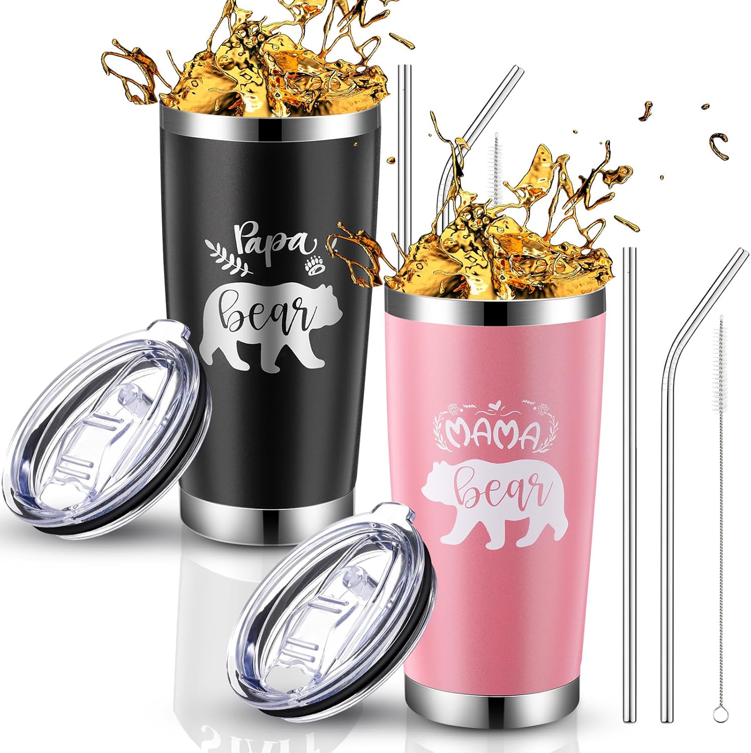 Ziliny Juego de 2 vasos con aislamiento de acero inoxidable de 20 onzas con tapa para pajitas, regalos para papá, mamá, pareja, papá, mamá,