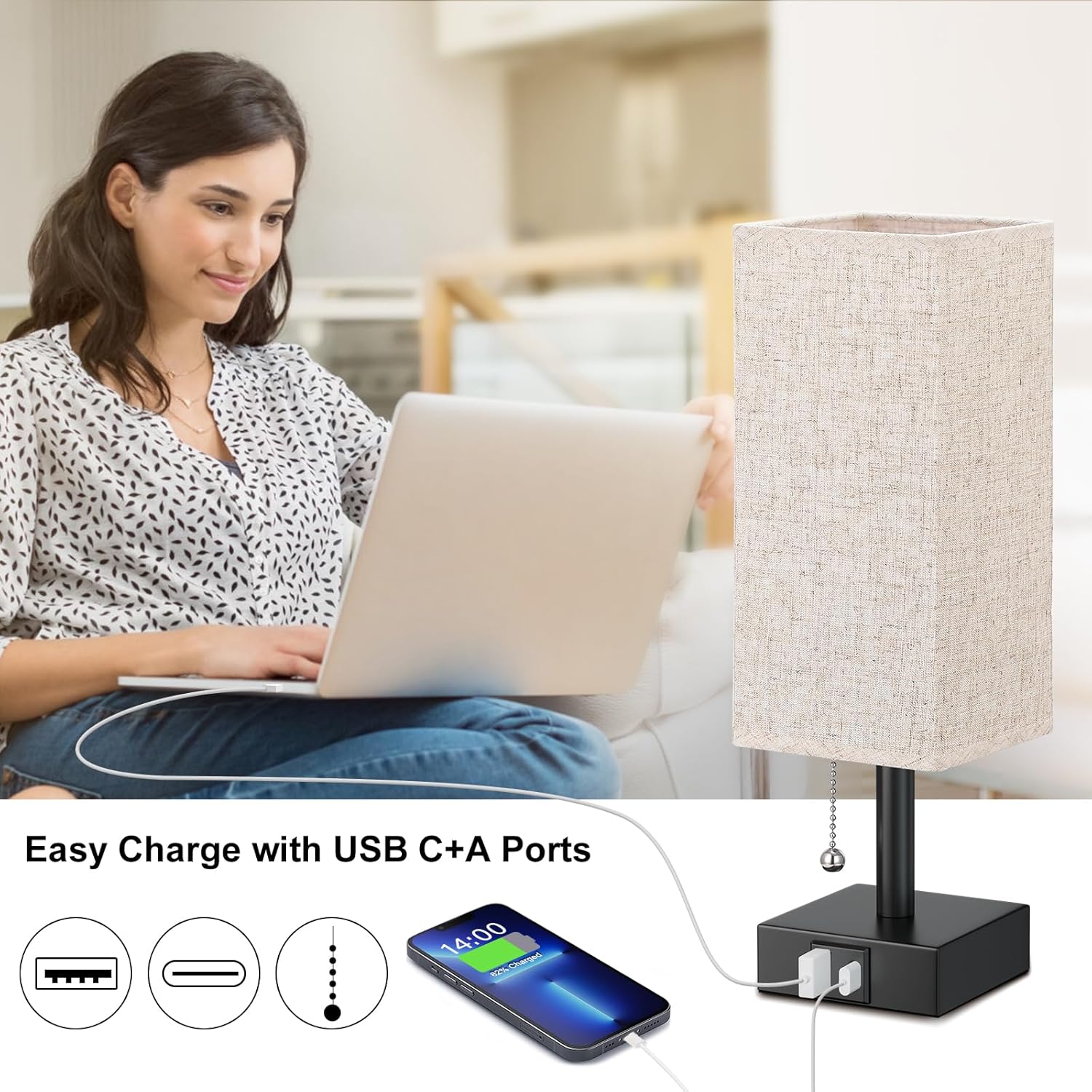 Lámpara de noche beige con puertos USB, lámpara de dormitorio con cadena de tracción para mesita de noche, lámpara de mesa pequeña con USB C + un