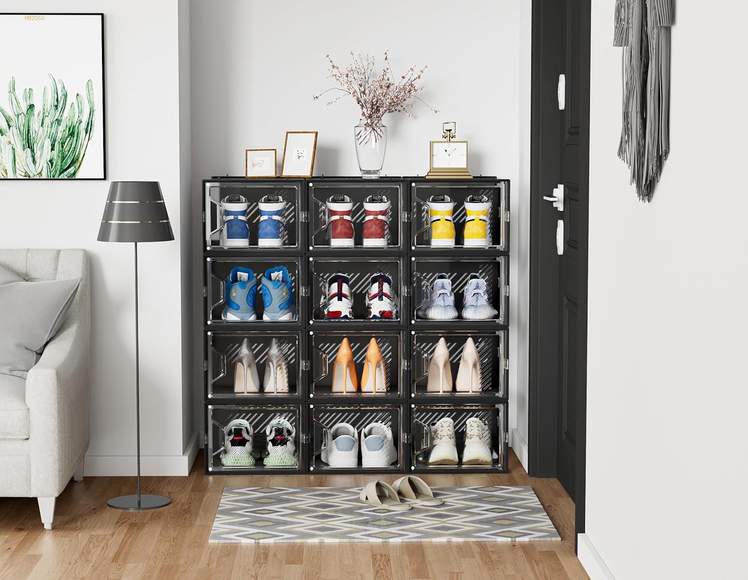 Almacenamiento de zapatos, paquete de 12 organizadores de zapatos grandes para armario, cajas de zapatos apilables de plástico transparente para