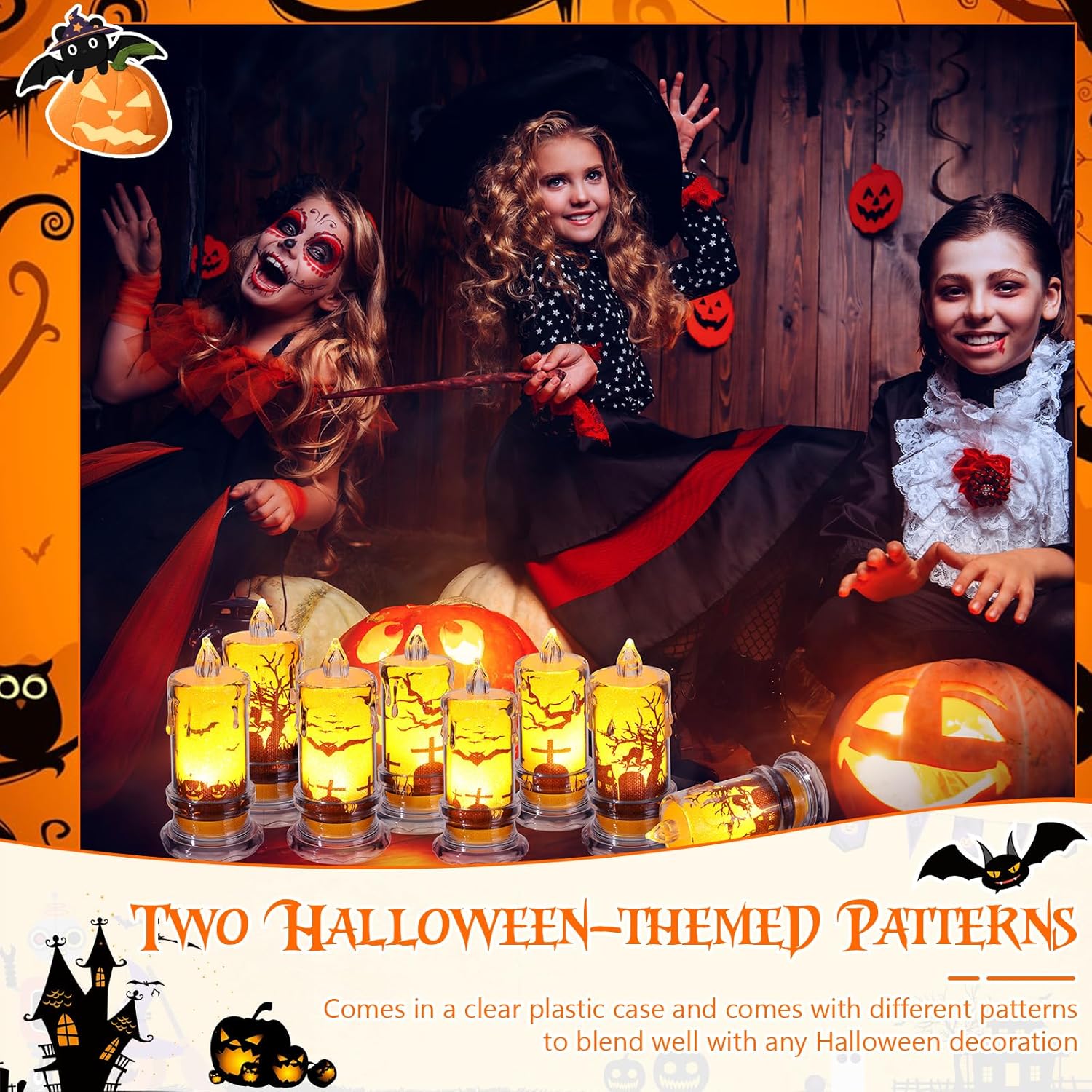 LOYIM 12 velas de Halloween sin llama que funcionan con pilas, velas LED 3D de luz cálida, velas de pilar de cristal con piedra sepulcral y gato