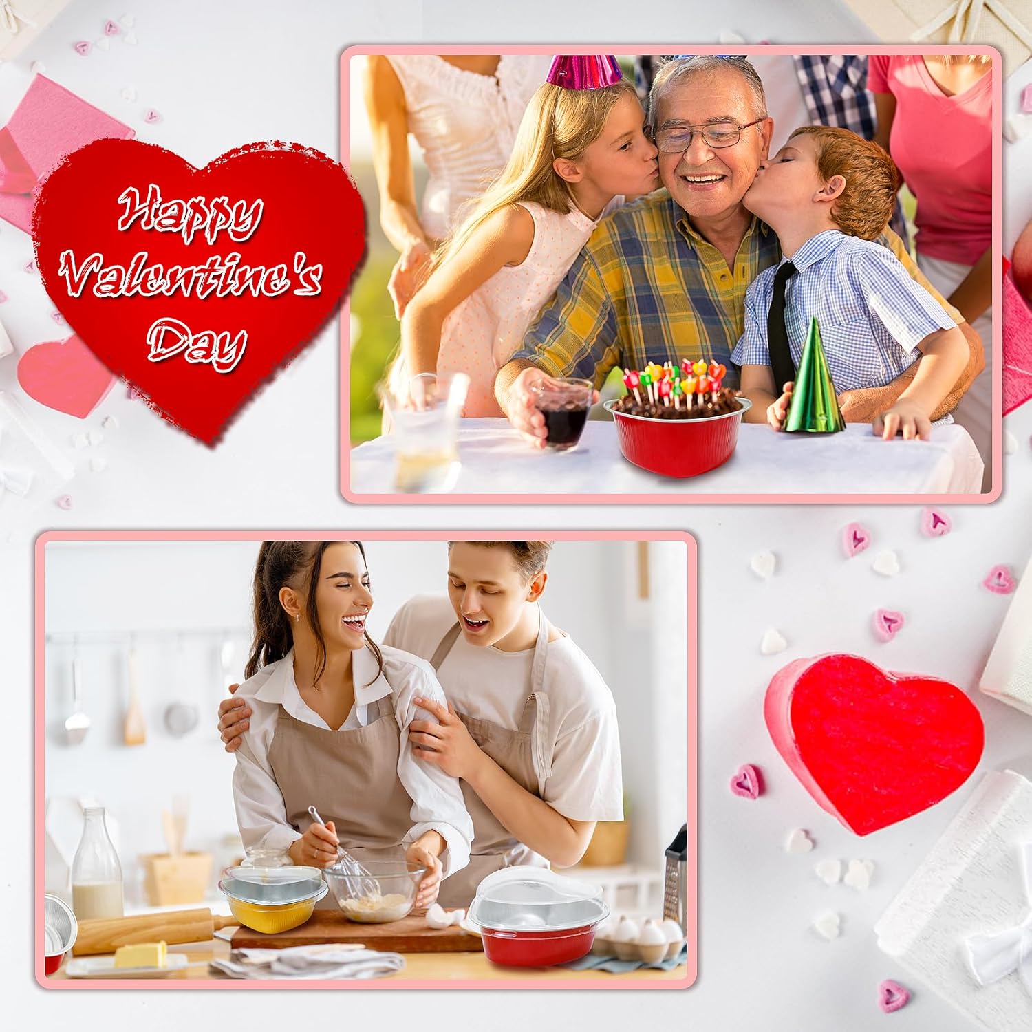 Kidum Juego de 50 sartenes de aluminio en forma de corazón de 6.8 onzas con tapas en forma de corazón, moldes desechables para cupcakes, recipientes