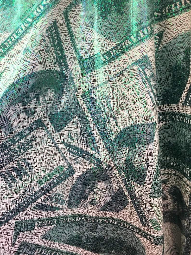 LUVFABRICS Tela de elastano elástica en 4 direcciones con patrón de dólares, billete de cien dólares, se vende por yarda (100 dólares verde