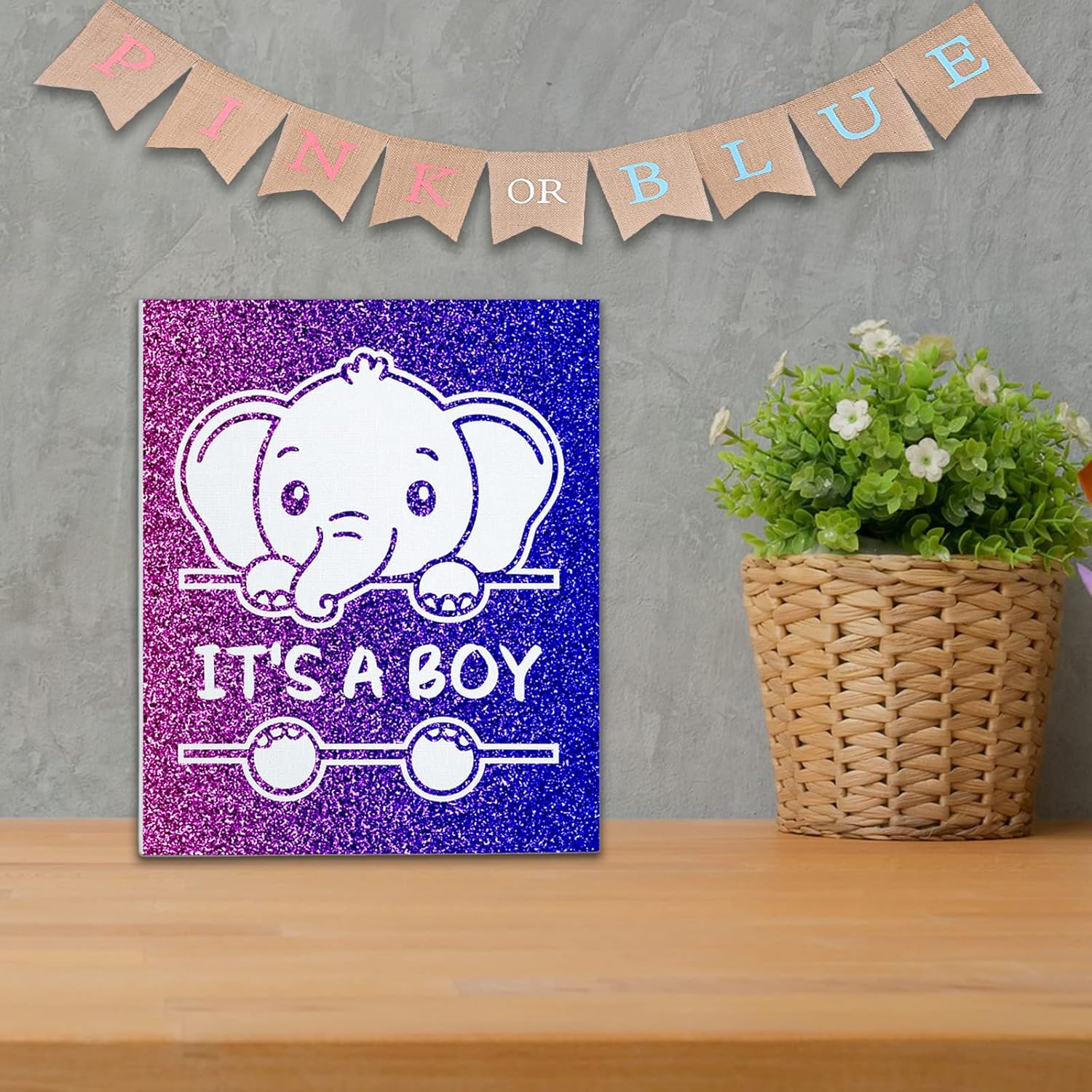 Juego de mesa de lienzo para revelación de género con confeti azul y rosa con purpurina, elefante para baby shower, suministros para fiesta de