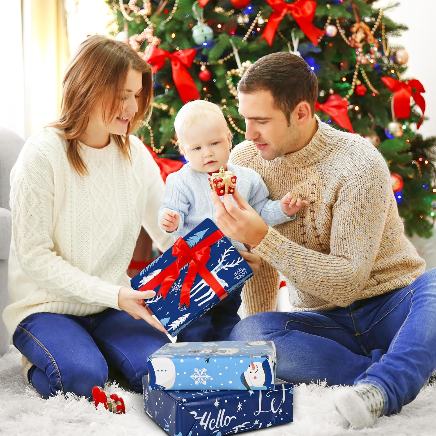 AnyDesign – 12 hojas de papel de regalo de Navidad, papel de regalo de invierno azul y blanco, copos de nieve a granel, papel de arte de árbol de