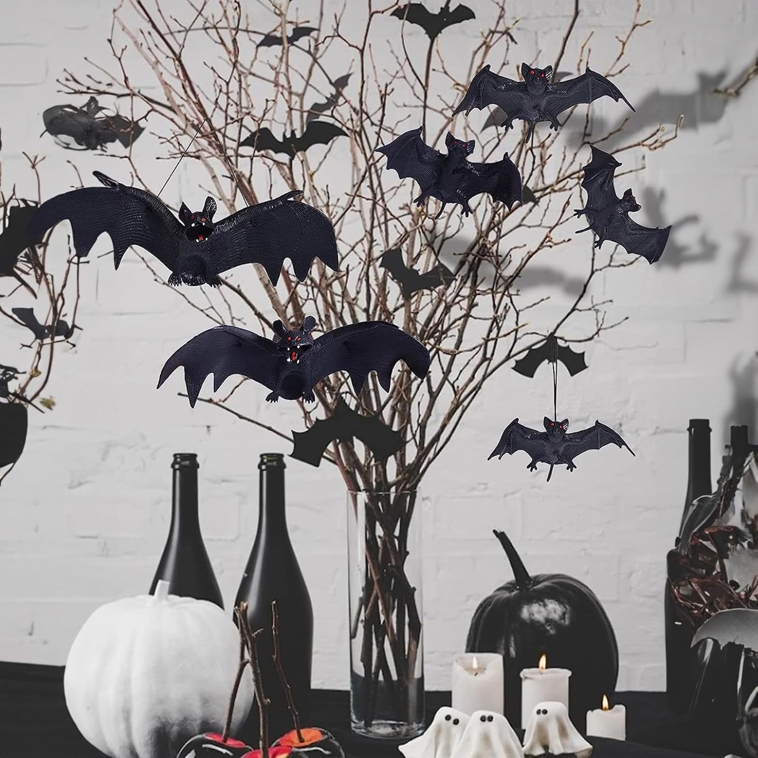 Decoraciones de murciélagos colgantes de Halloween, 5 piezas de murciélagos de goma voladores espeluznantes para exteriores e interiores,