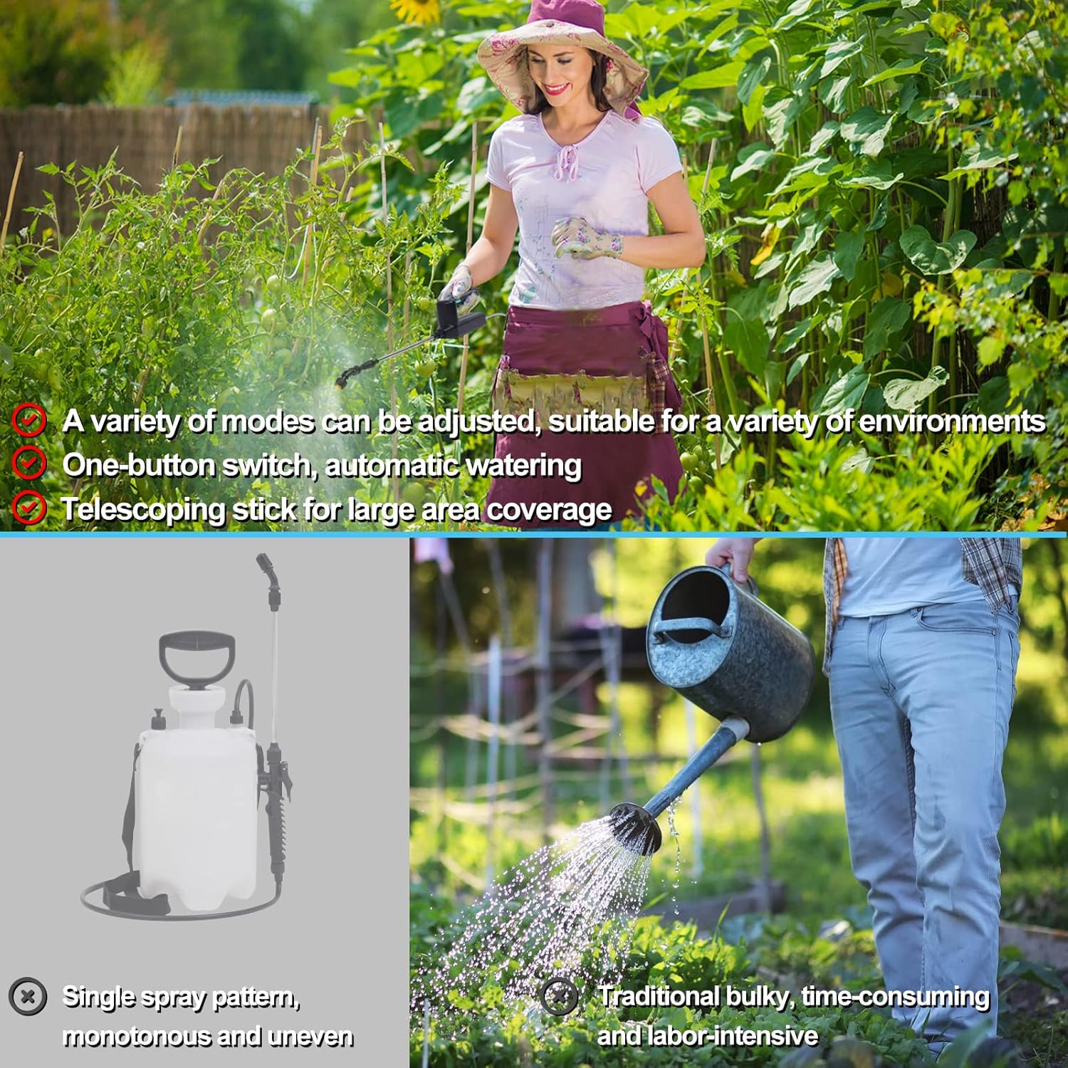 Pulverizador eléctrico para plantas, rociador de jardín con manguera de 5M y 3 boquillas, varita de riego portátil con batería con filtro de