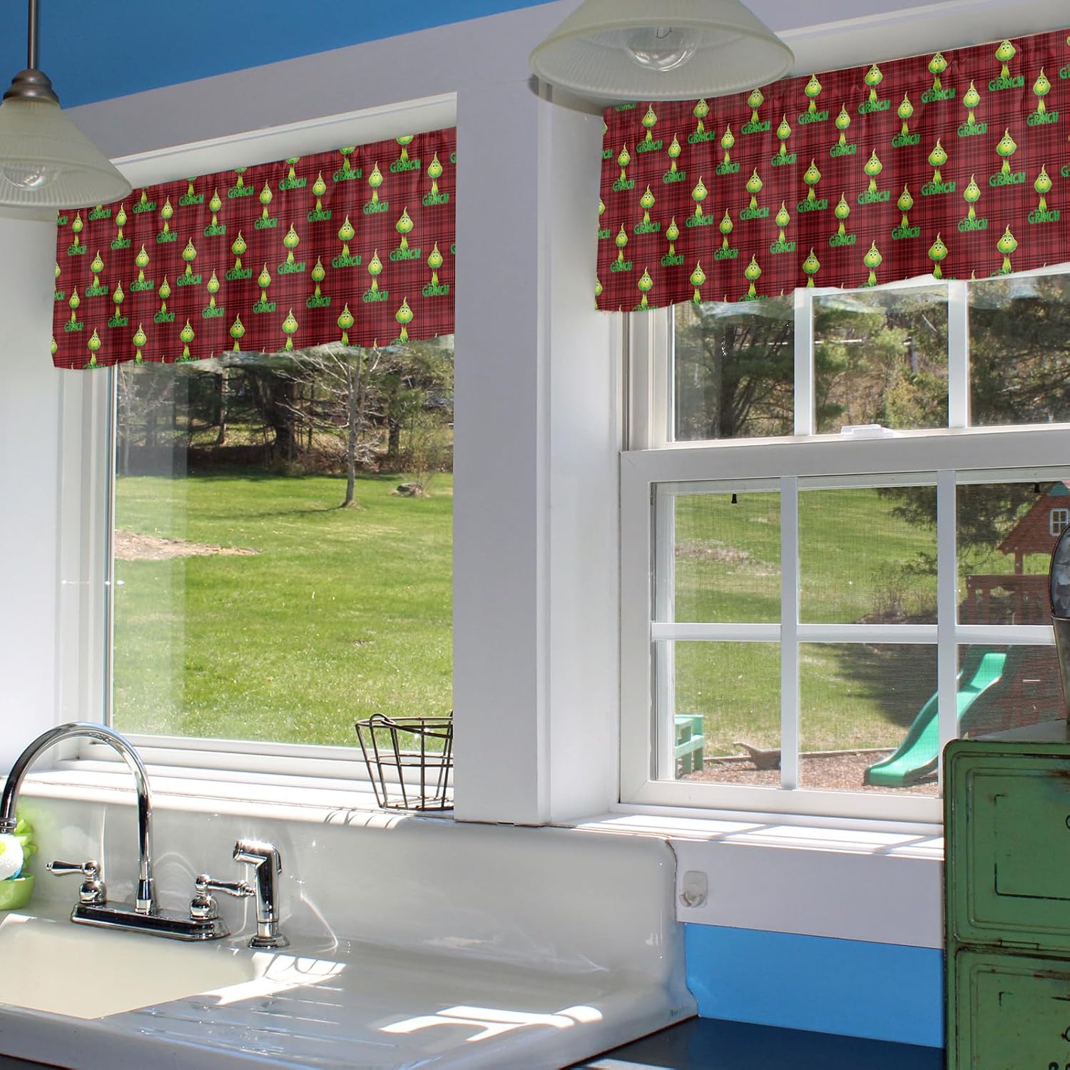 Cenefa de ventana de Navidad de monstruo verde de estilo retro para cocina, sala de estar, cortina de ventana de bebé para dormitorio, cenefa de