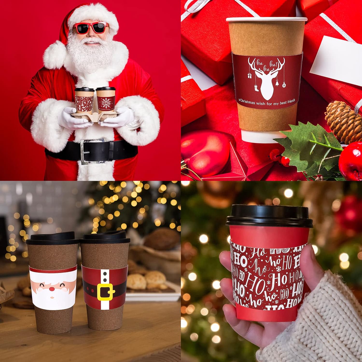Whaline 60 fundas de papel de Navidad para taza de café, fundas de papel de Navidad rojas para tazas de papel de 12 y 16 onzas, Papá Noel, reno,