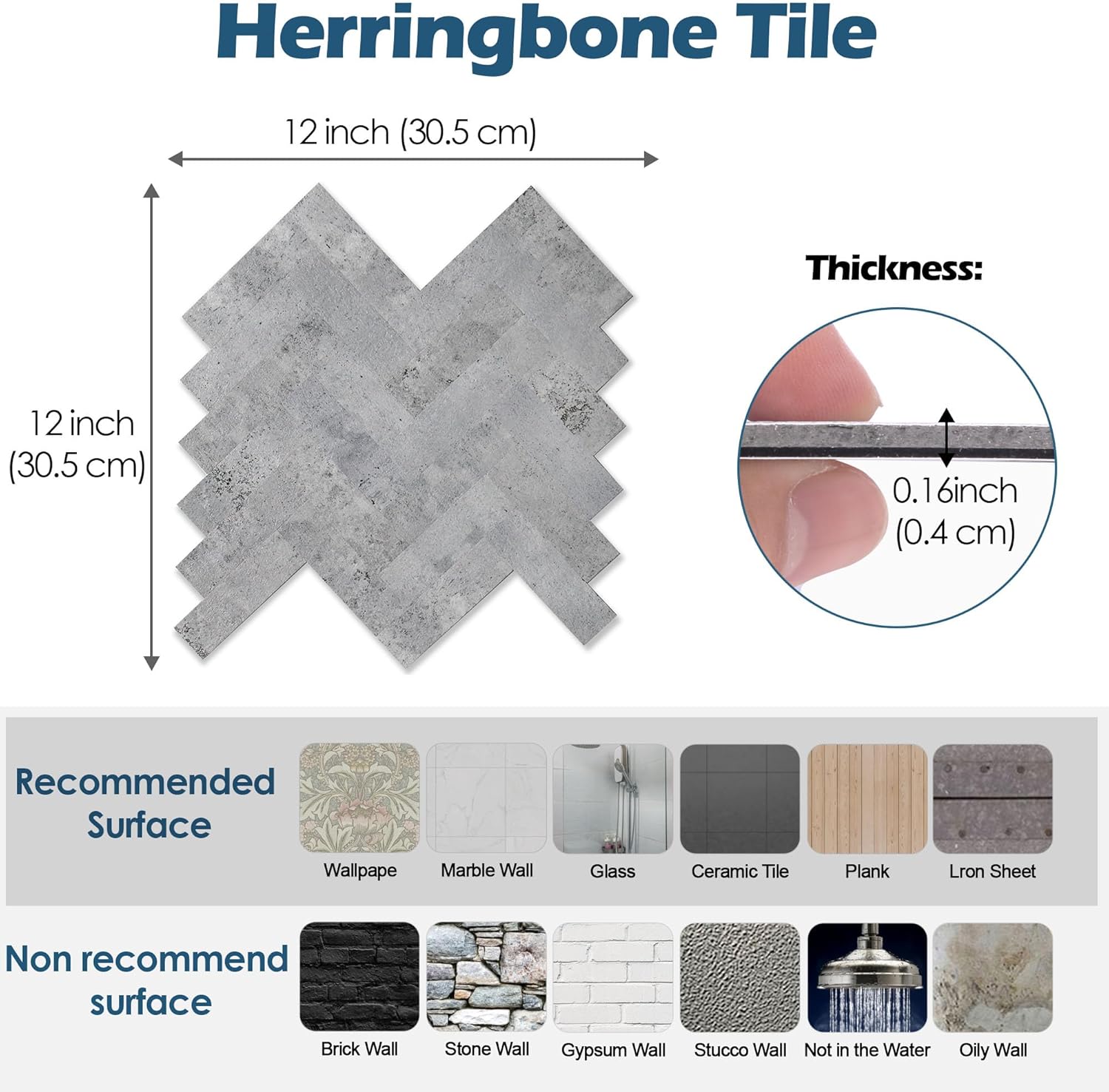 Yipscazo Azulejos gruesos de 10 hojas de espiga para despegar y pegar, azulejos de pared de cemento gris de PVC 3D de 12 x 12 pulgadas para