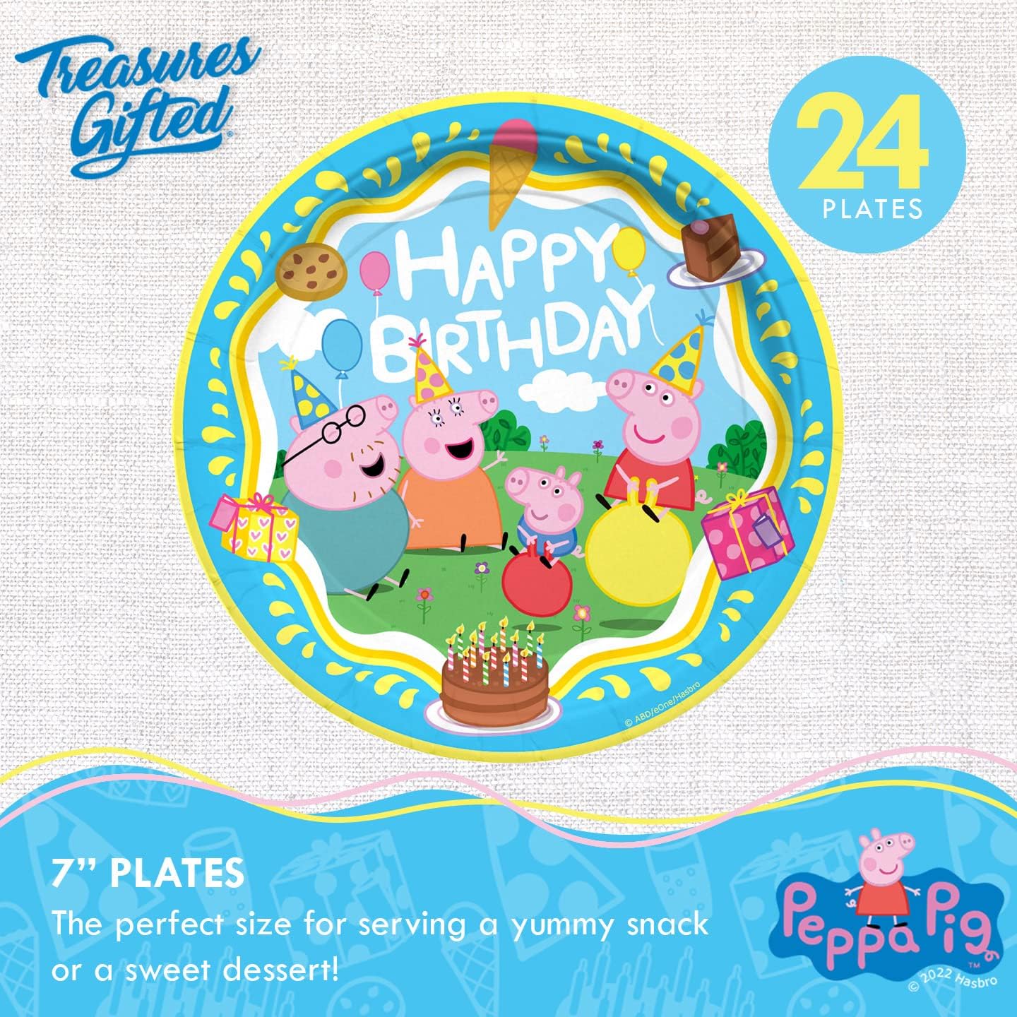 Treasures Gifted Suministros para fiesta de cumpleaños con licencia oficial de Peppa Pig, sirve para 24 invitados, juego clásico de vajilla –
