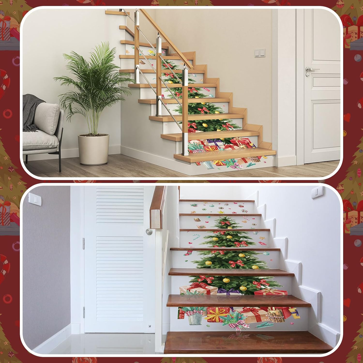 Cholemy 13 hojas de calcomanías 3D para escaleras de árbol de Navidad, decoración de escaleras de Navidad, calcomanías extraíbles para escaleras de