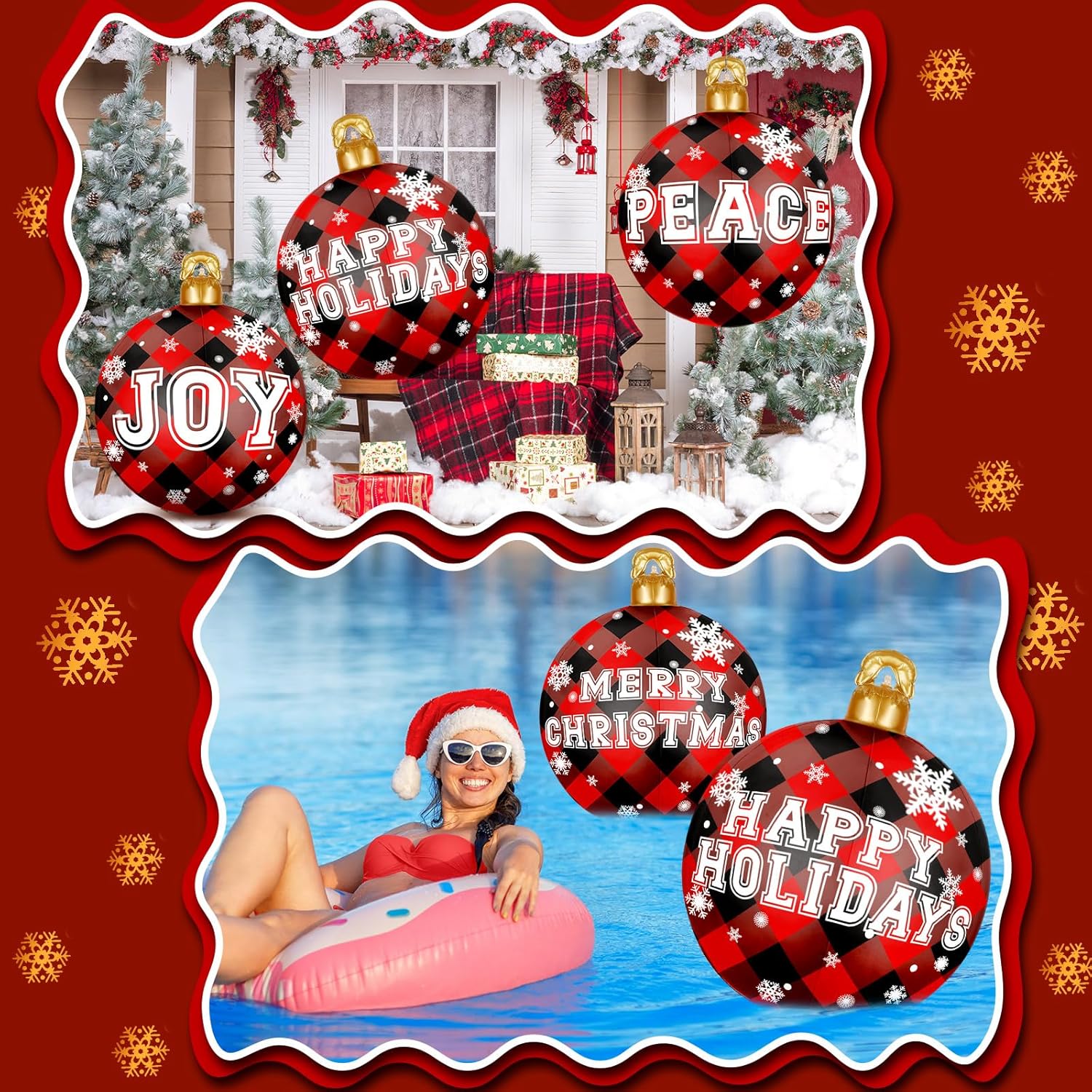 4 bolas inflables gigantes de Navidad de 25 pulgadas, bolas inflables de búfalo rojo y negro, adornos inflables gigantes para Navidad al aire libre,