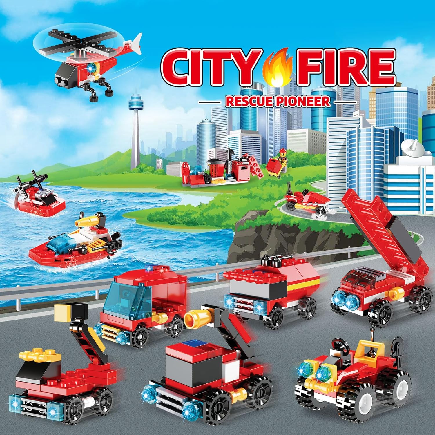 Calendario de Adviento 2023 para niños, 24 piezas de vehículos de juego de camiones de bomberos, bloques de construcción para niños, calendario de