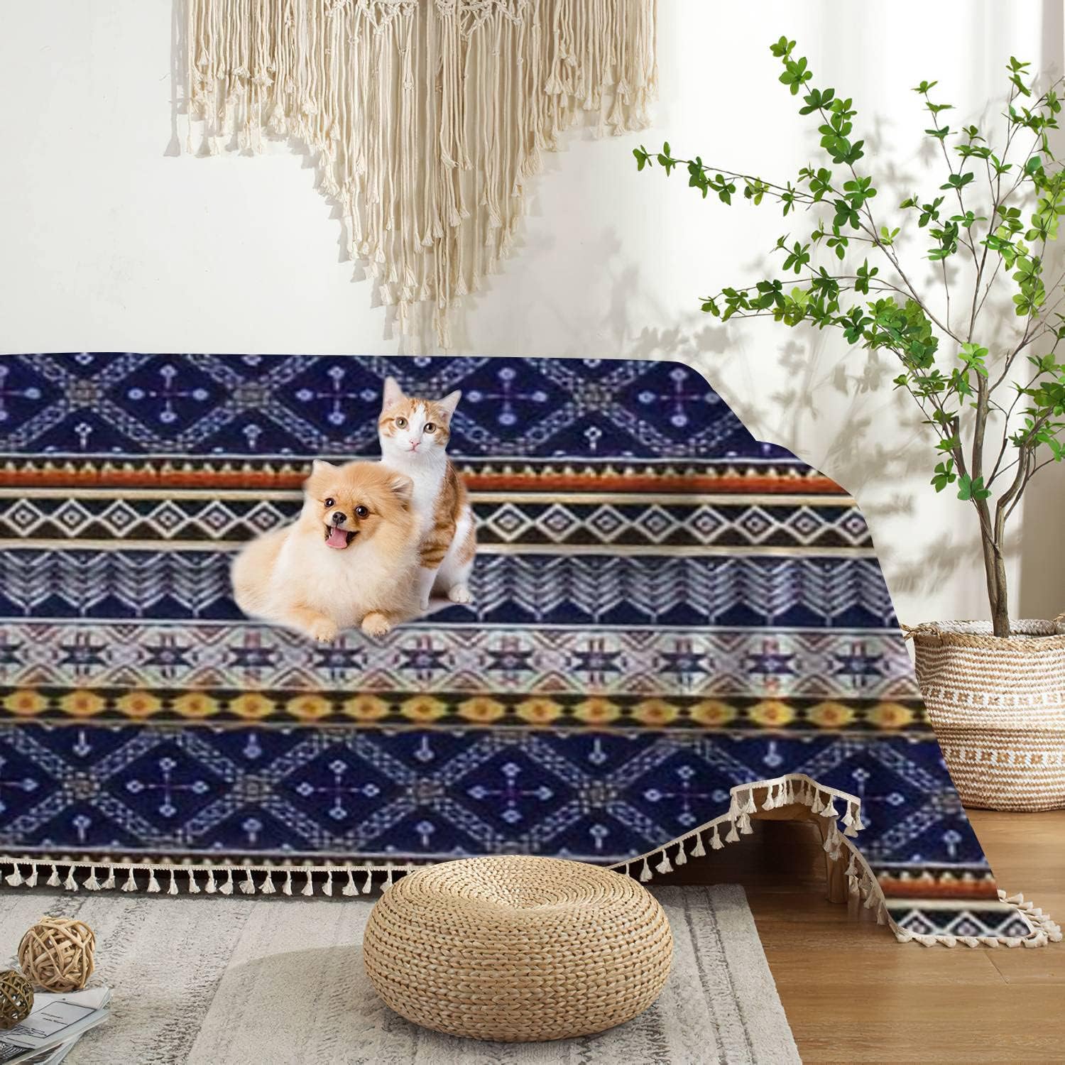 Funda bohemia para sofá, diseño étnico abstracto geométrico, tribal, nativo, étnico, tradicional, con borlas, lavable, para sofá, cama, protector de