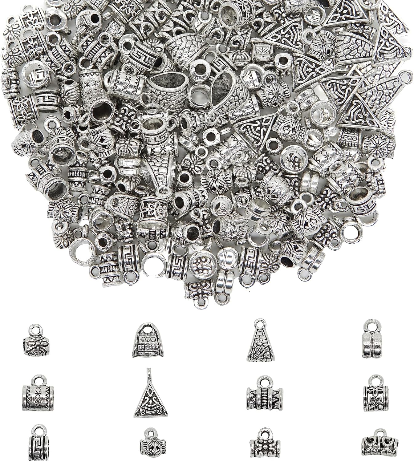 Cuentas tibetanas de plata de ley de 3.53 oz (3.53 onzas), cuentas espaciadoras de plata con agujero, cuentas de metal antiguas, espaciadores para