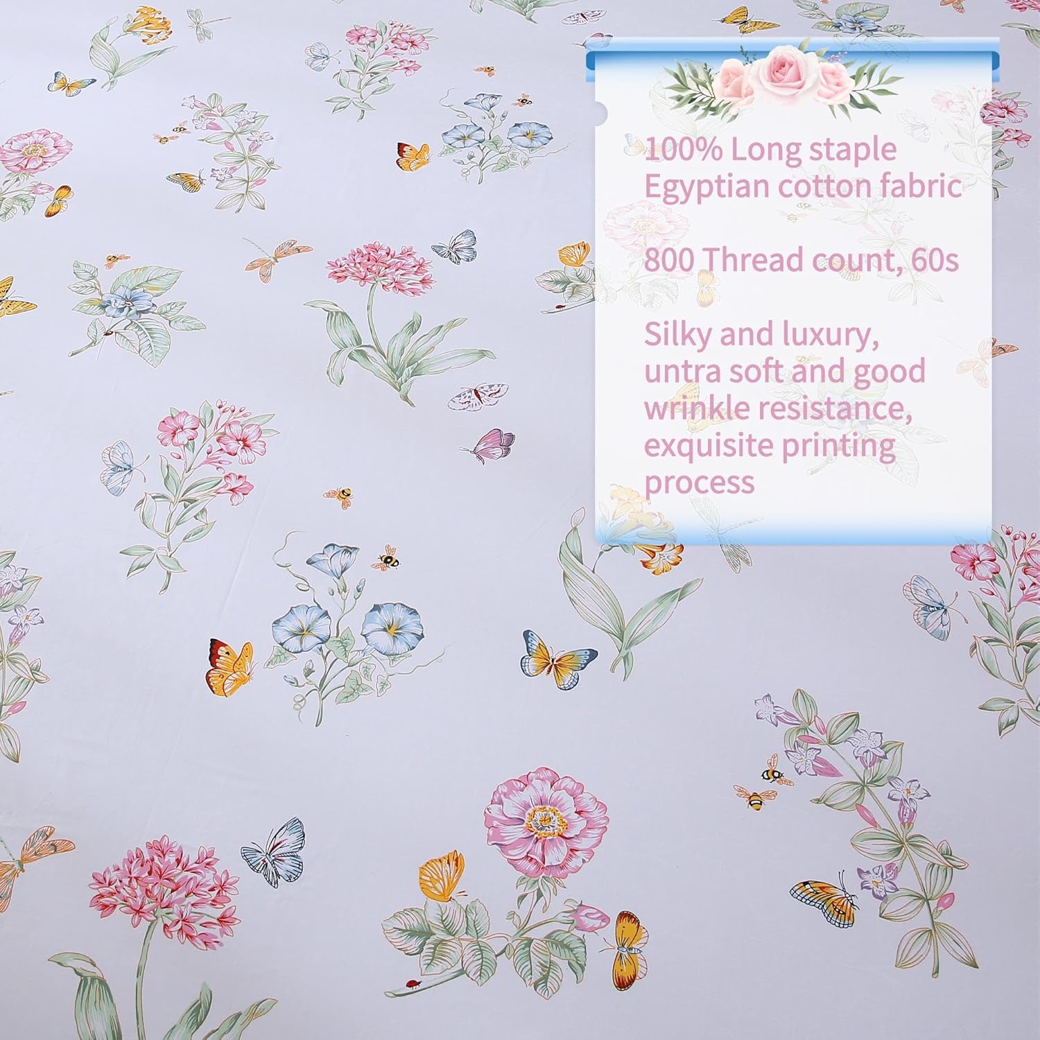 RYNGHIPY Juego de sábanas de algodón egipcio, tamaño King, diseño de flores botánicas de jardín, mariposas, con fundas de almohada, ultra suaves y
