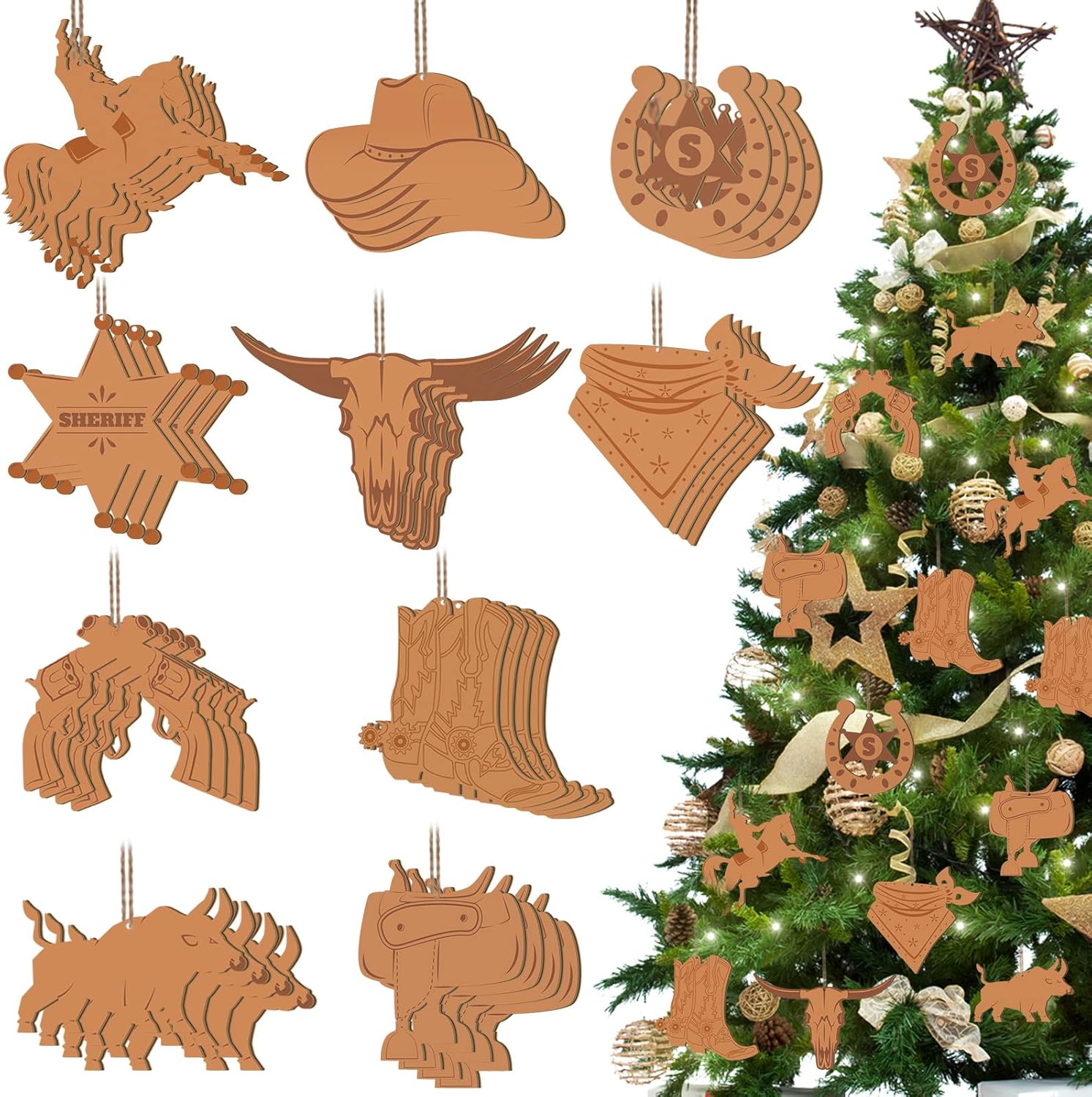 40 piezas de decoraciones colgantes de vaquero occidental para fiesta, adornos de vaquero occidental, adornos de madera de vaquero salvaje, silla de