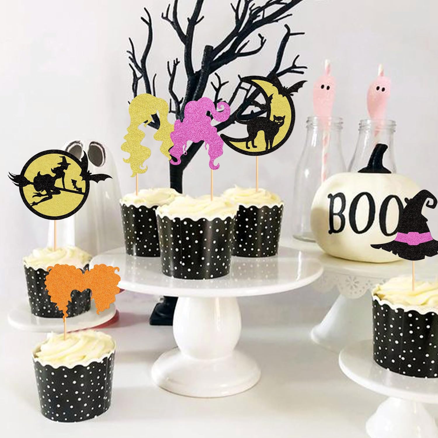 Ercadio Paquete de 24 adornos para cupcakes de Halloween Hocus Pocus, con brillantina, para cabello de bruja, carrito de pelo de bruja, decoraciones