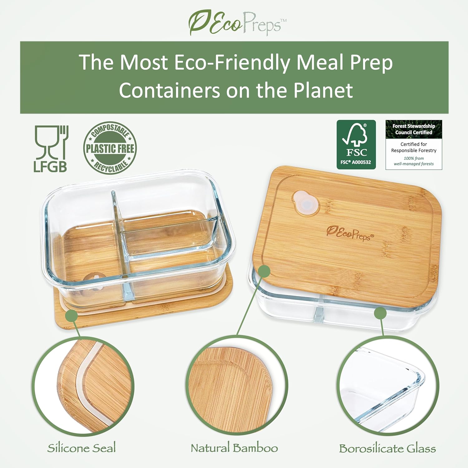 EcoPreps Contenedores grandes de vidrio Bento con tapas de bambú, 3 compartimentos de vidrio para preparación de comidas (paquete de 2, XL 100%