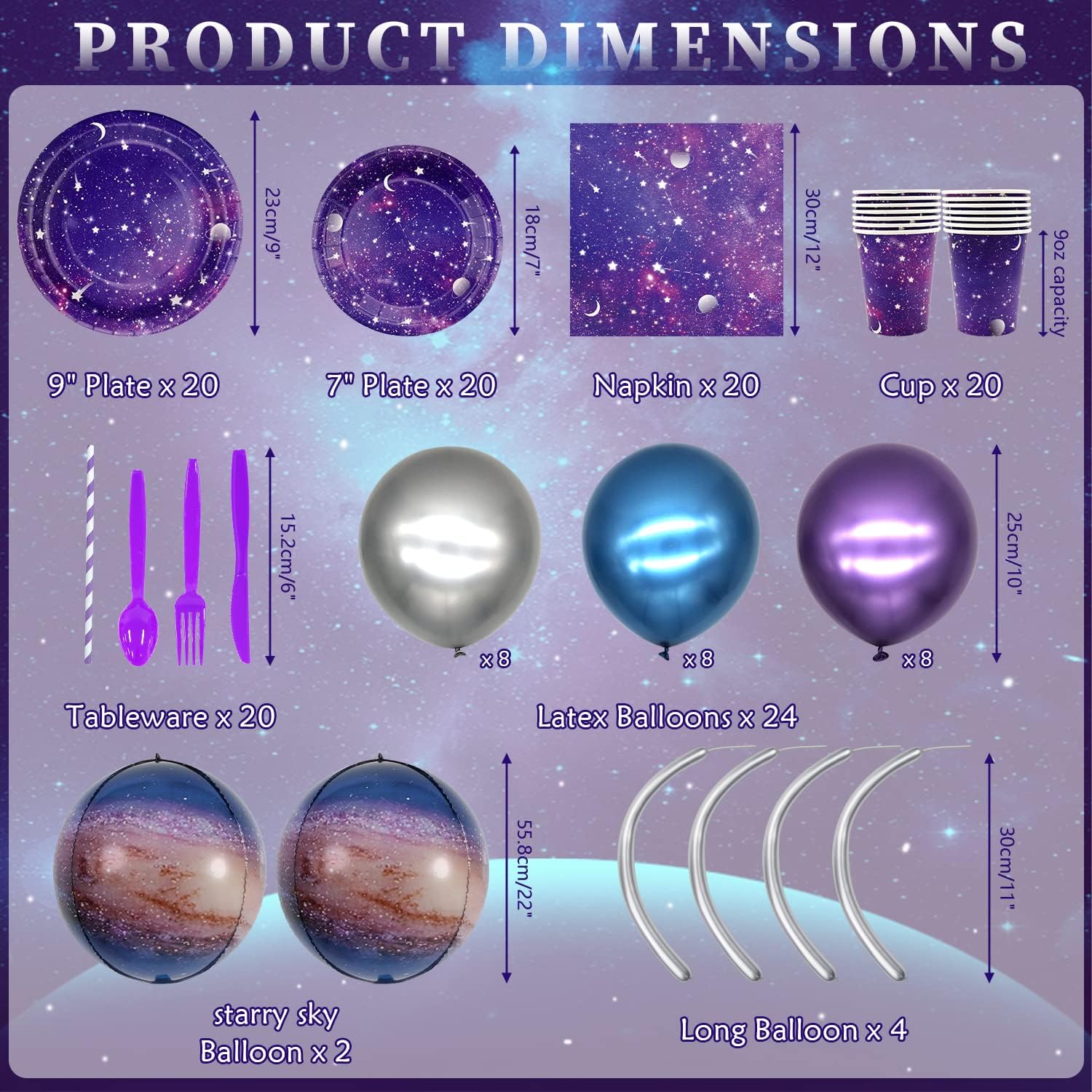 Suministros de fiesta de galaxia, incluye telón de fondo de cumpleaños de galaxia espacial, platos, servilletas, vasos, mantel, globos, globos de