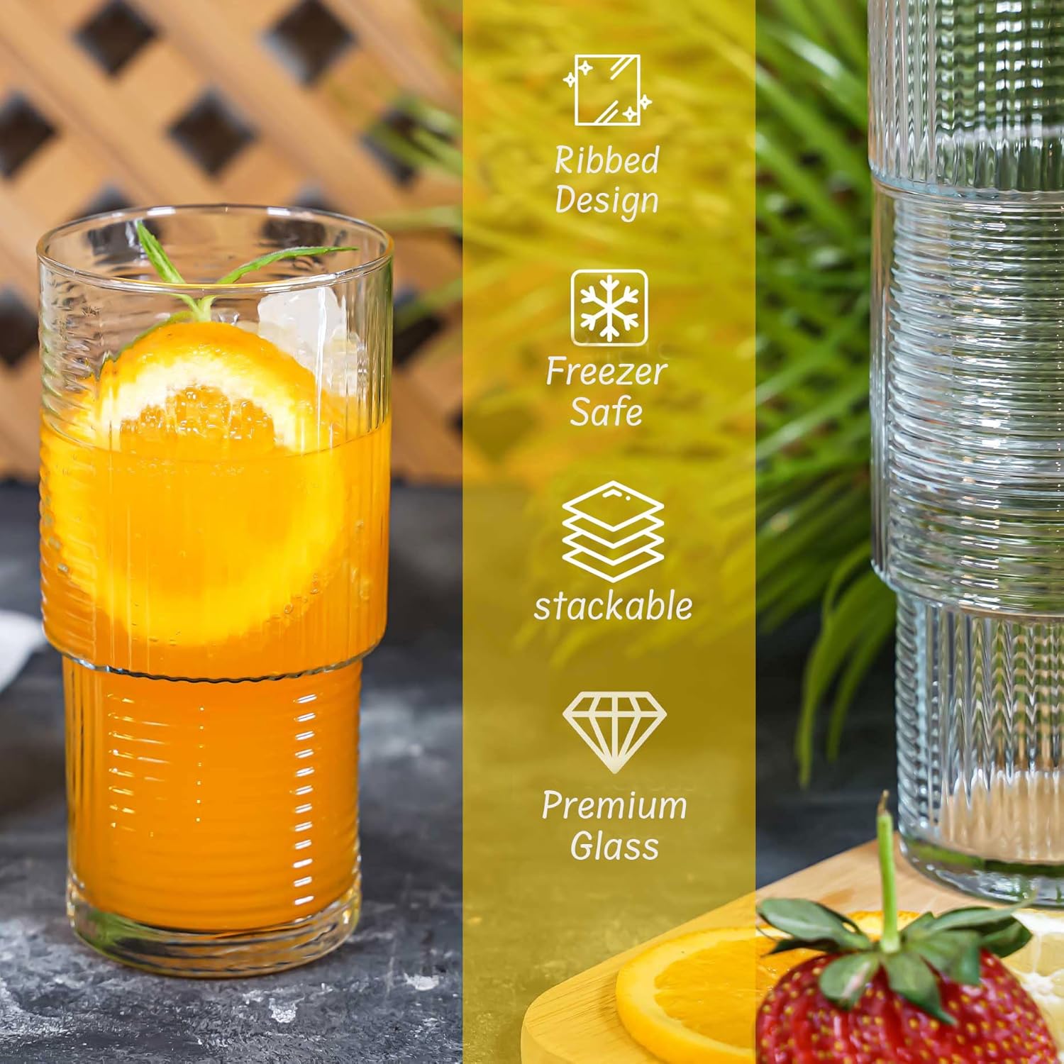 Vasos acanalados, taza de vidrio Highball, 6 vasos apilables, vasos de cóctel, cristalería vintage para cóctel, jugo, té helado, agua, café helado,