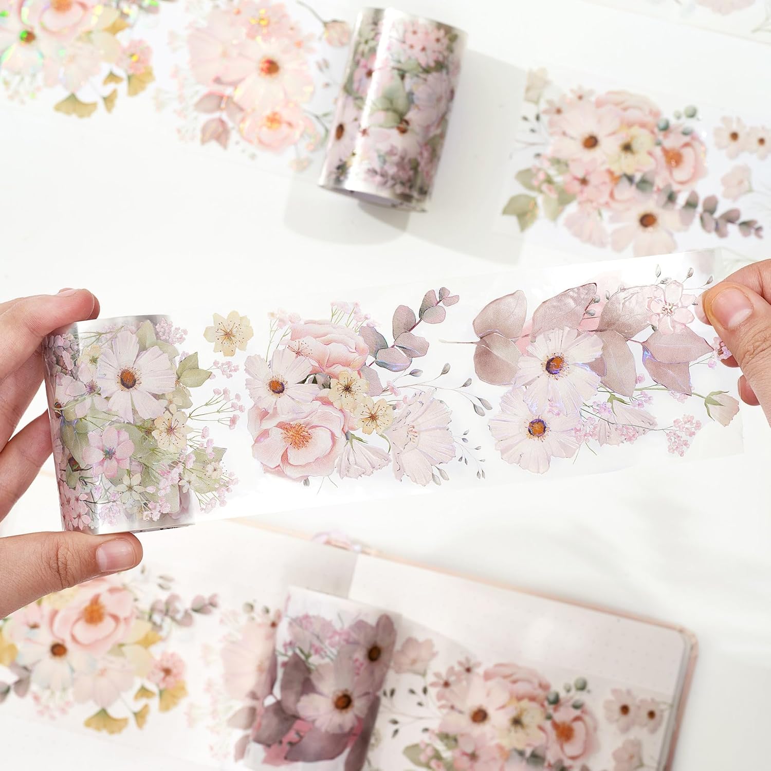 WT Cinta de PET ancha rubor, rollo individual, diseños originales, cinta decorativa de flores rosas acuarelas, cinta adhesiva transparente