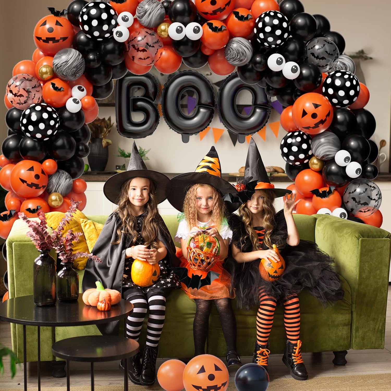 AobkDeco Kit de arco de globos de Halloween de 141 unidades, globos de ojos negros, naranjas y dorados, globos de Halloween con globos BOO,