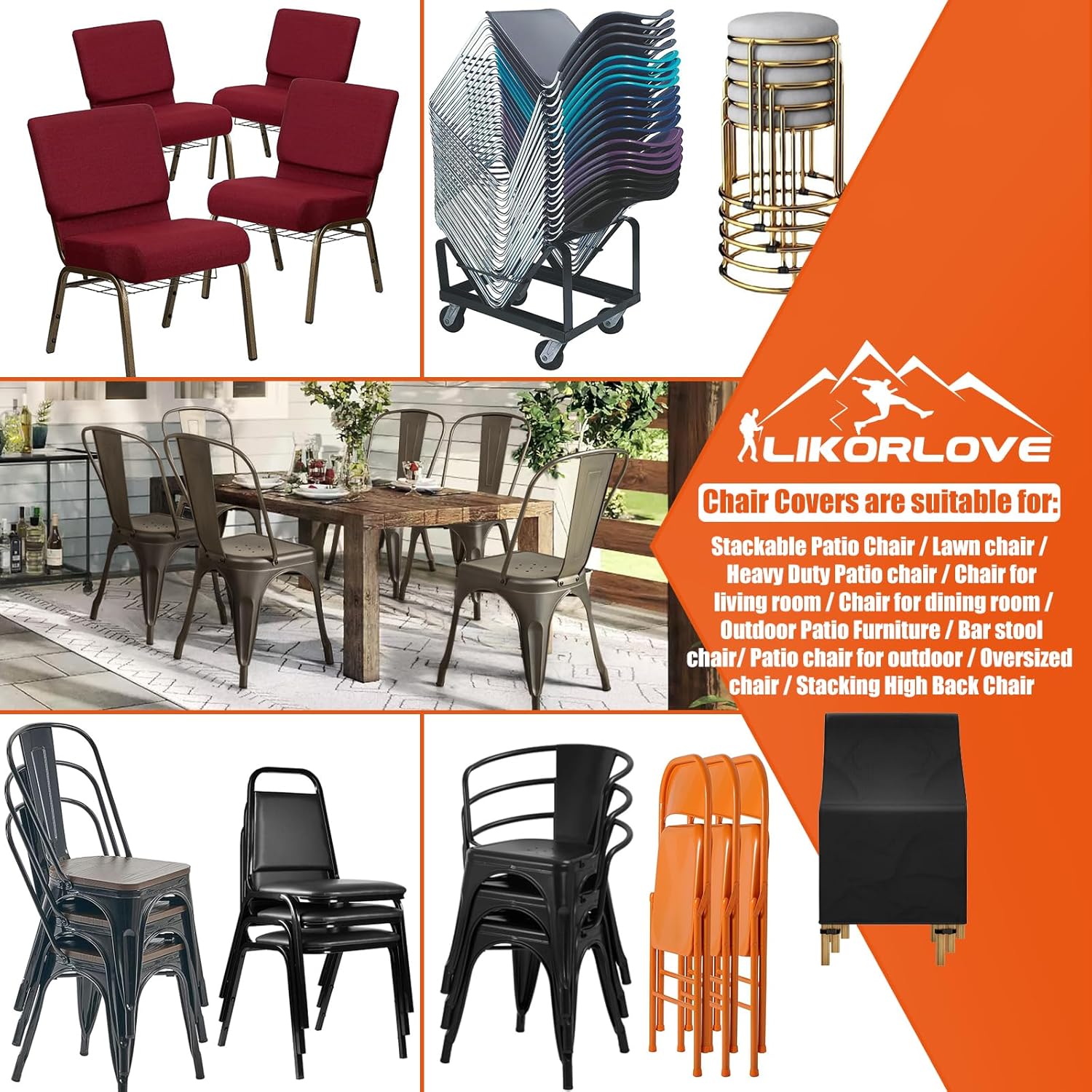 Likorlove Funda apilable para silla de patio, 28 pulgadas de ancho x 36 pulgadas de profundidad x 47 pulgadas de alto, impermeable, con respaldo