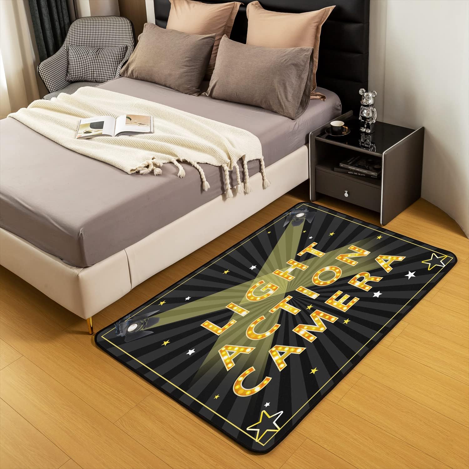 Alfombra vintage de cine, para sala de cine, para interiores, sala de estar, alfombra de área negra dorada, 5 x 7 pies