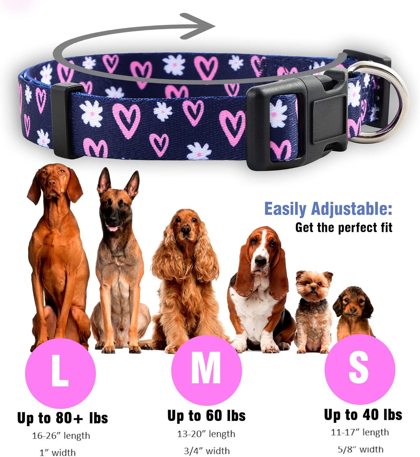 Native Pup Colección de collares para perras, bonitos patrones femeninos rosados para cachorros, corazones, rosas, flores, camuflaje, lunares,