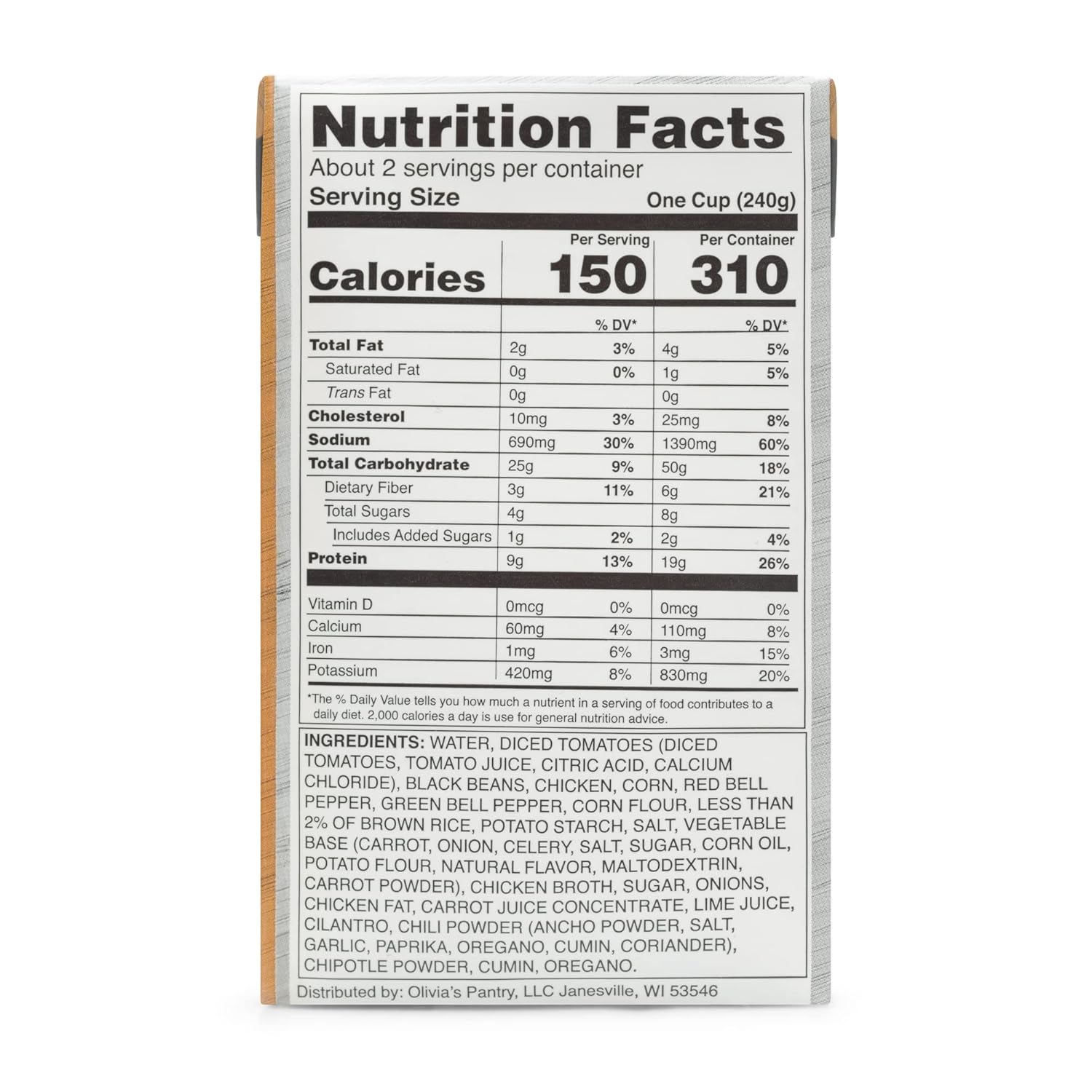 Olivia’s Pantry – Sopa de tortilla de pollo con base de tomate picante – Listo para comer  Agite bien y caliente y sirva  150 Cal por porción, buena