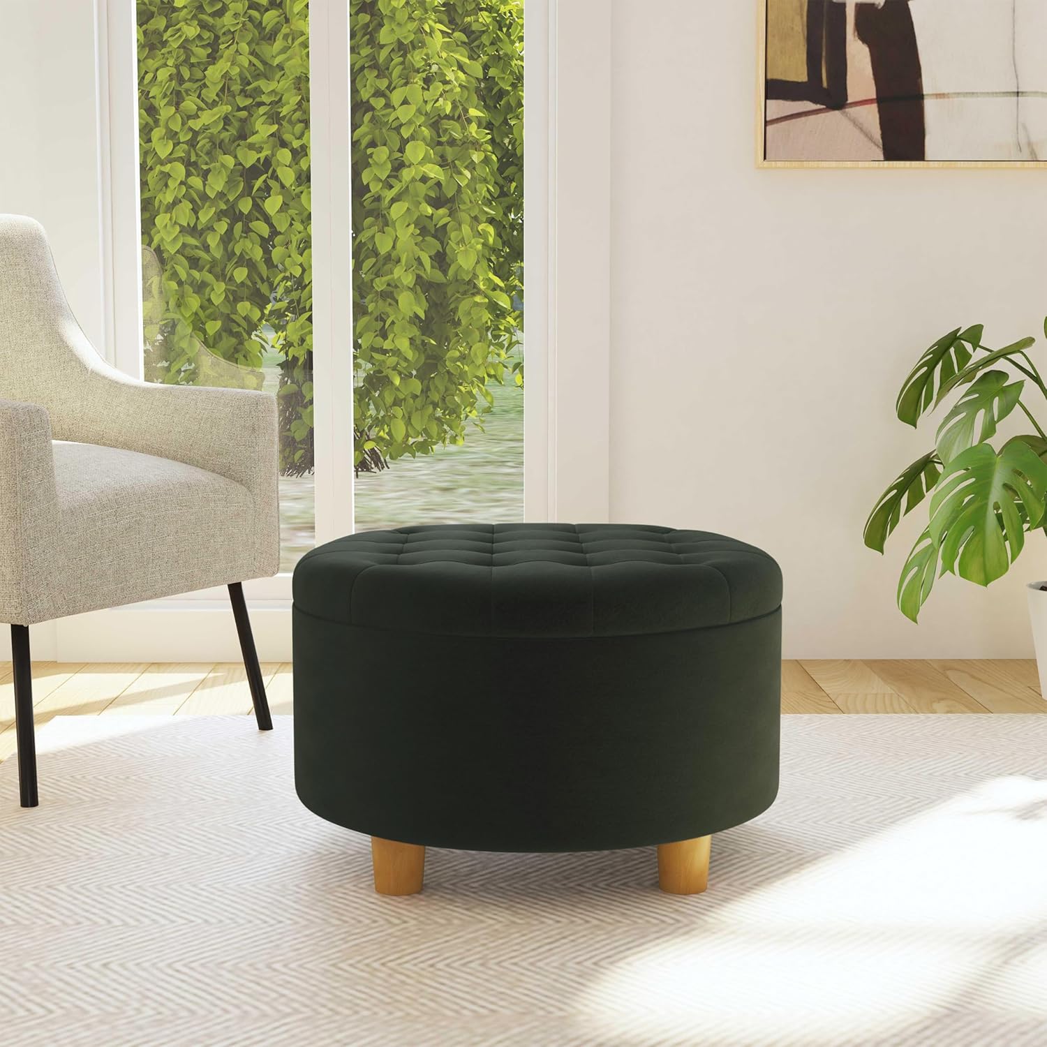 HomePop Decoración del hogar  Otomana redonda de terciopelo copetudo grande con botones  Otomana con almacenamiento para sala de estar y dormitorio,