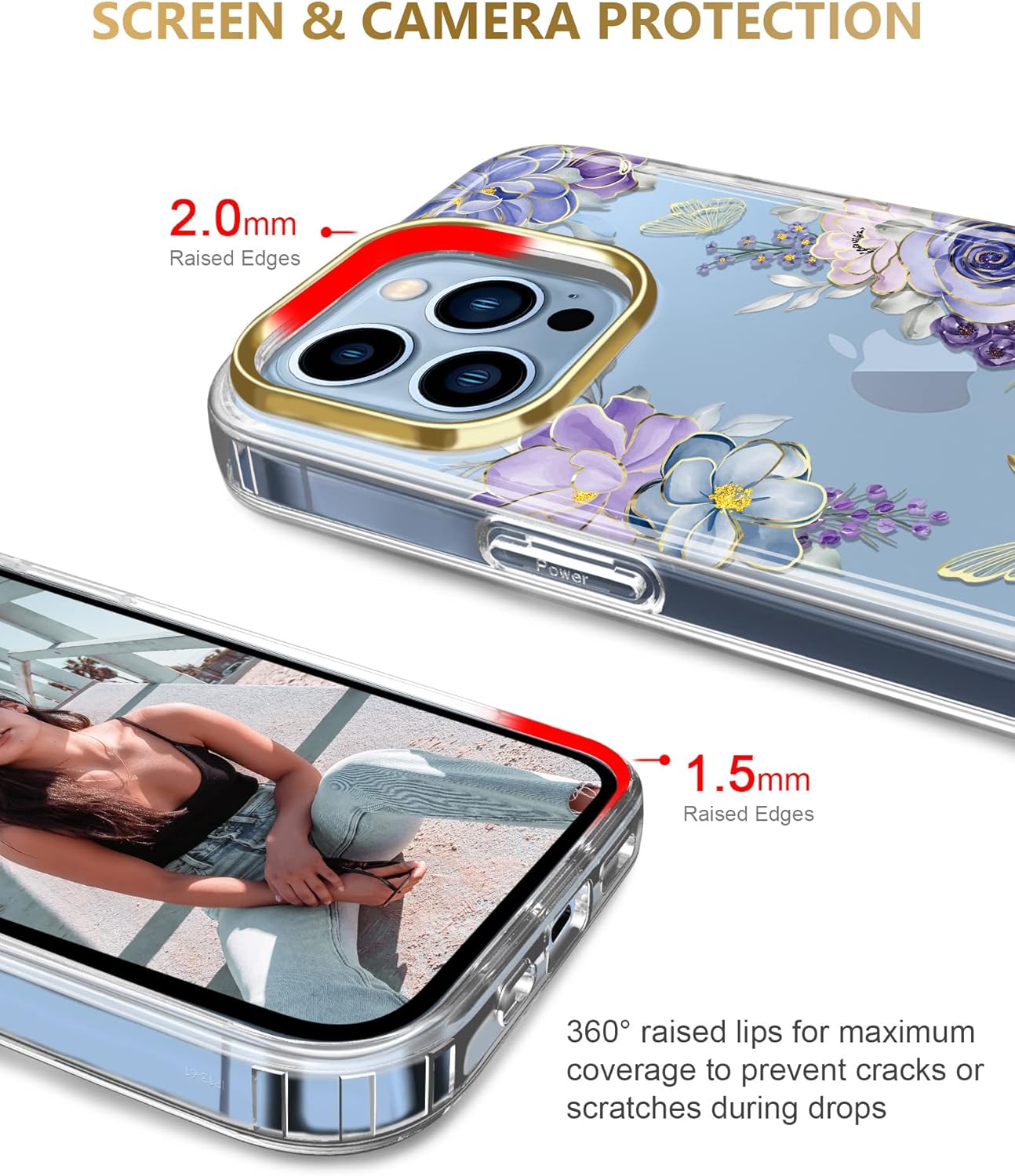 JIAXIUFEN Funda transparente compatible con iPhone 12 Pro iPhone 12 con purpurina y diseño de flores protectoras, a prueba de golpes, delgada, de