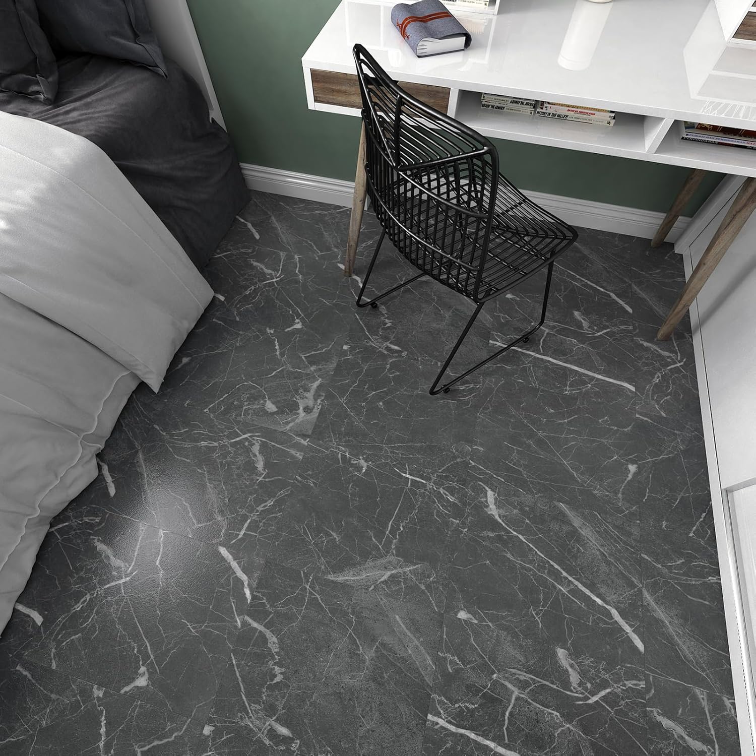 WESTICK Azulejos de suelo de color negro claro para baño, azulejos de cocina para despegar y pegar, azulejos de mármol impermeables para dormitorio,