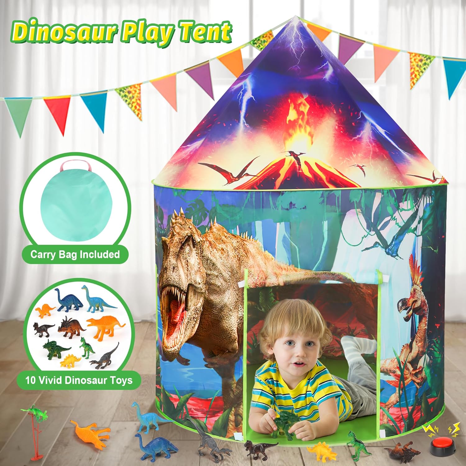 HopeRock Tienda de campaña de dinosaurio para niños con botón de rugido, tienda de campaña para niños con juguetes de dinosaurio para niños y niñas,