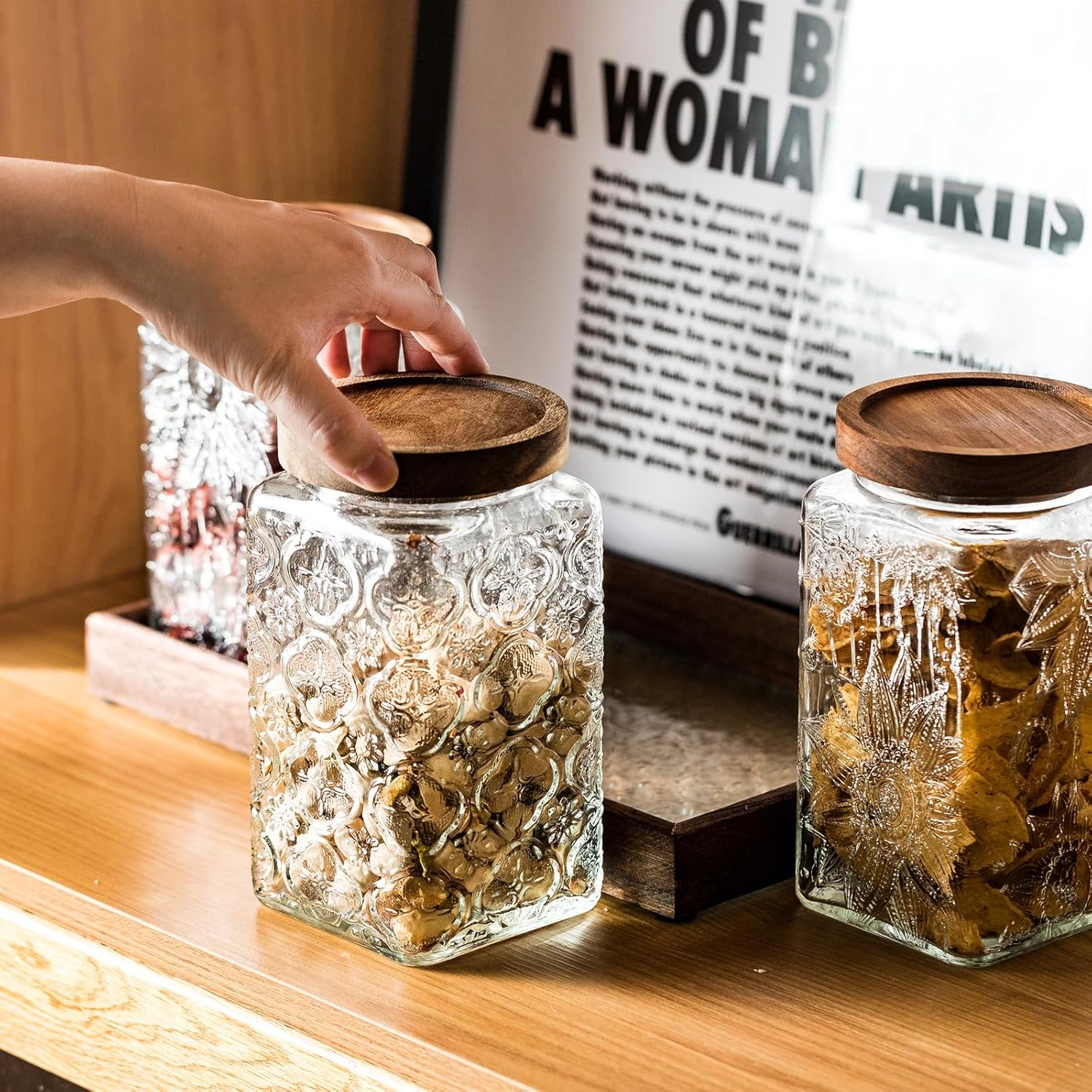 Tarro de almacenamiento sellado de vidrio vintage con tapa de madera sellada, recipiente de almacenamiento de alimentos de vidrio para cocina,
