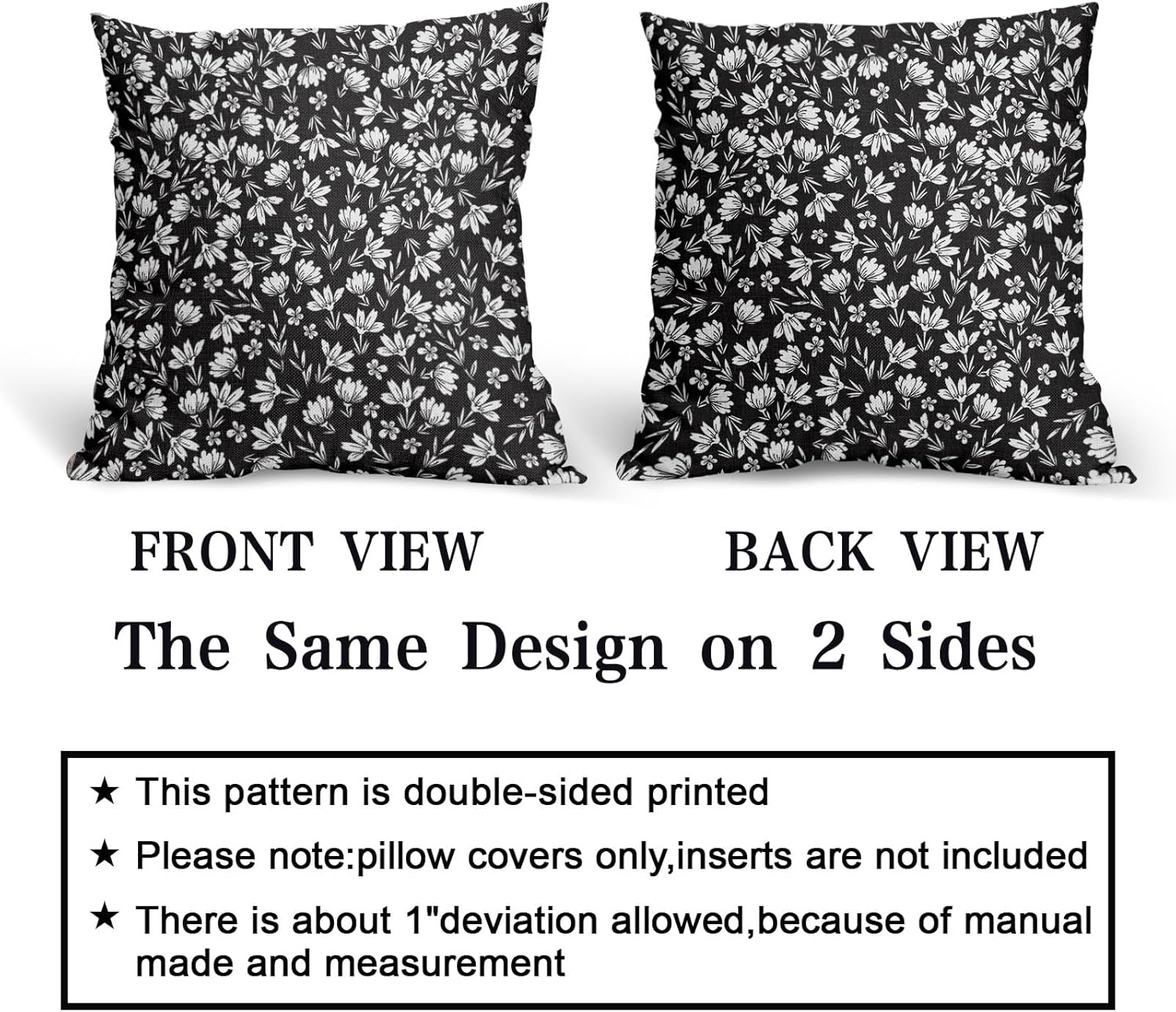 Juego de 2 fundas de almohada florales en blanco y negro de 20 x 20 pulgadas con estampado de bloques de flores vintage, margaritas de algodón y