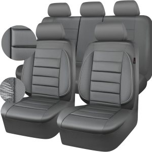 CAR PASS Juego completo de fundas de asiento de cuero, universal, resistentes al agua, soporte de respaldo de espuma 3D, comodidad de lujo, 5 CAR PASS Juego completo de fundas de asiento de cuero, universal, resistentes al agua, soporte de respaldo de espuma 3D, comodidad de lujo, 5